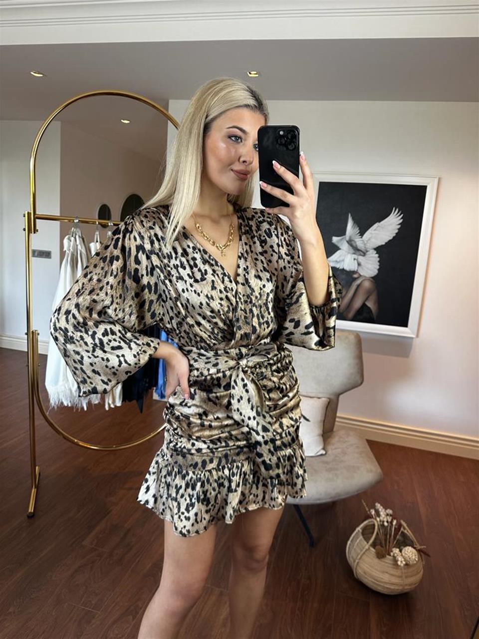Leona tasarım leopar desen saten elbise 2204148
