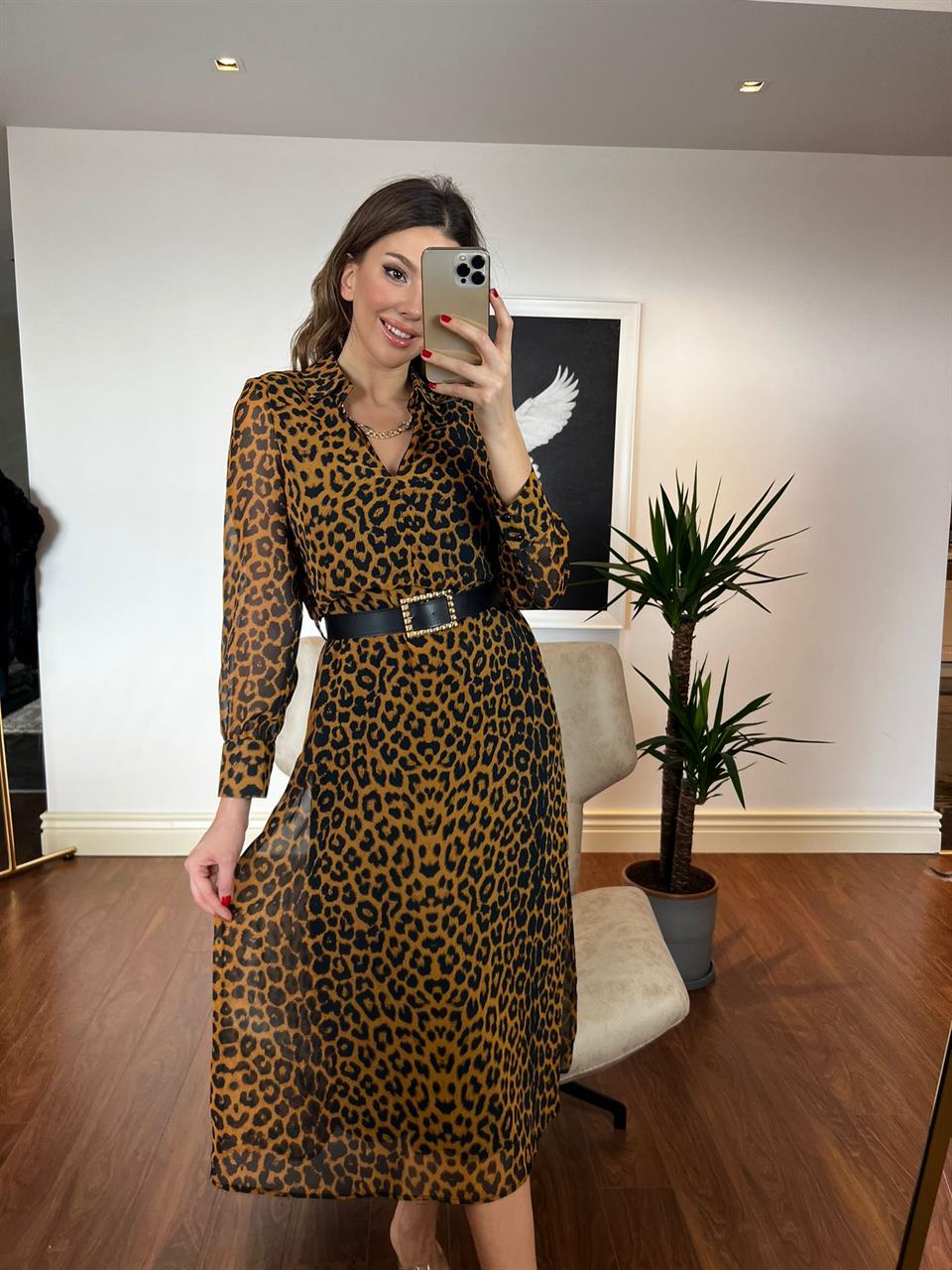 Leopar Desenli Taşlı Kemerli Şifon Elbise 230228