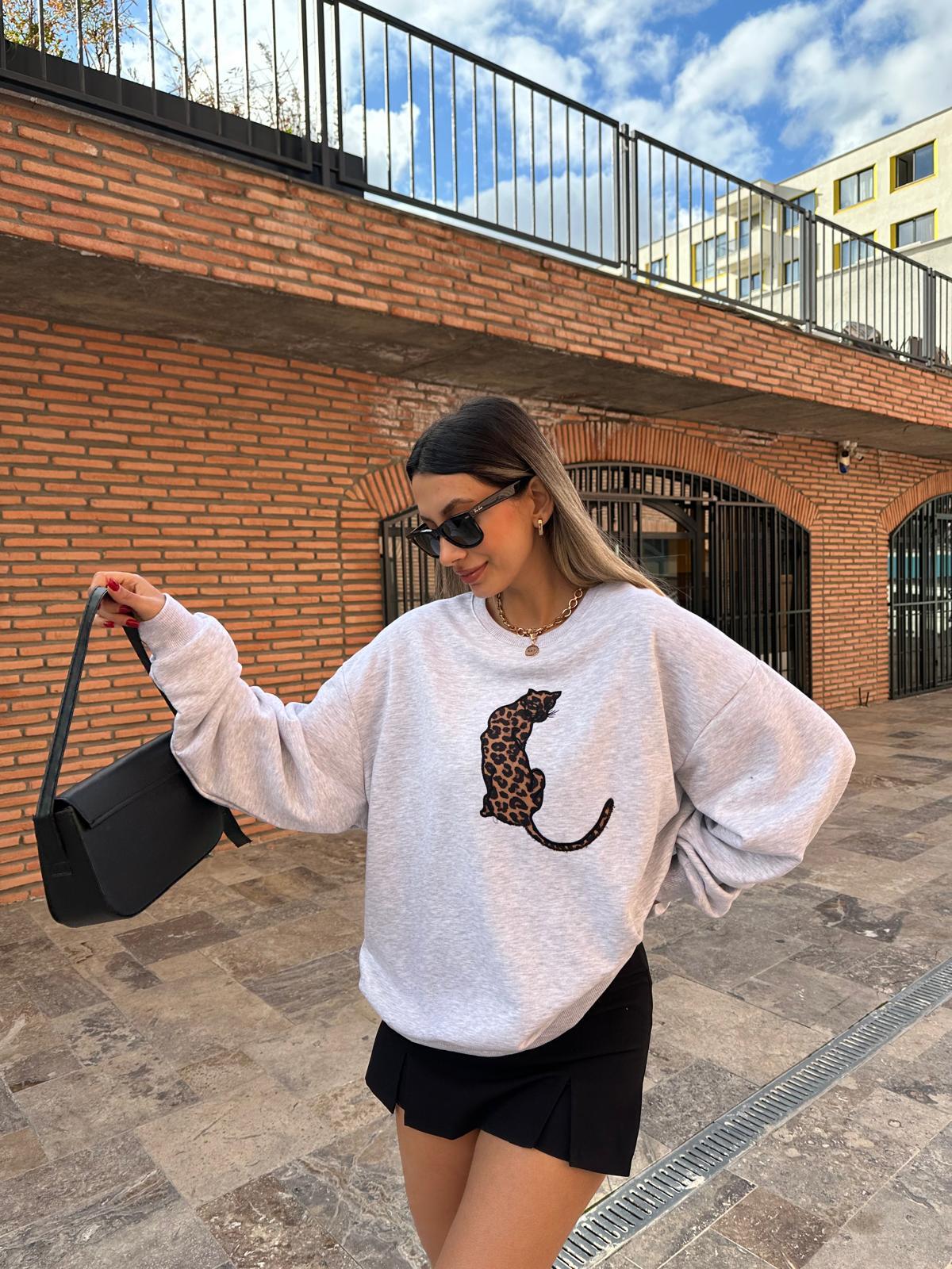 Leopar Figürlü Gri Sweat swt1023htf