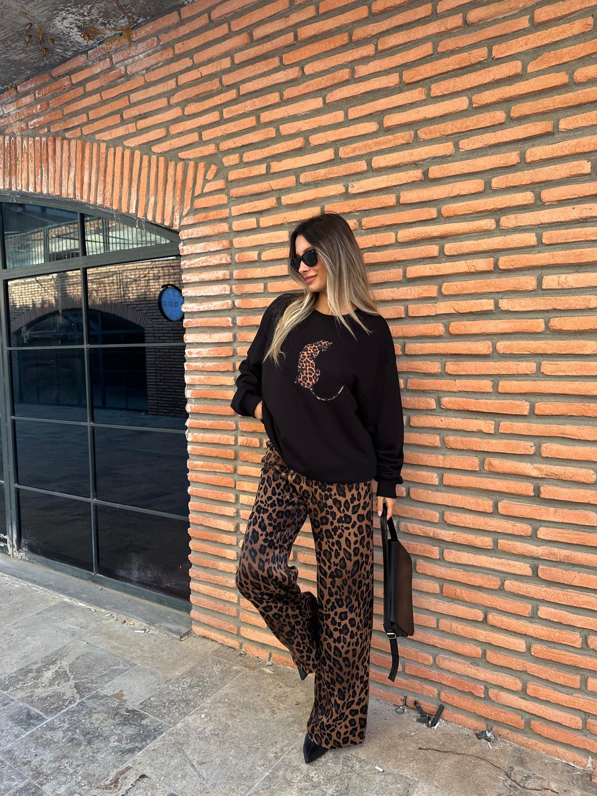 Leopar Figürlü Siyah Sweat swt1023htf