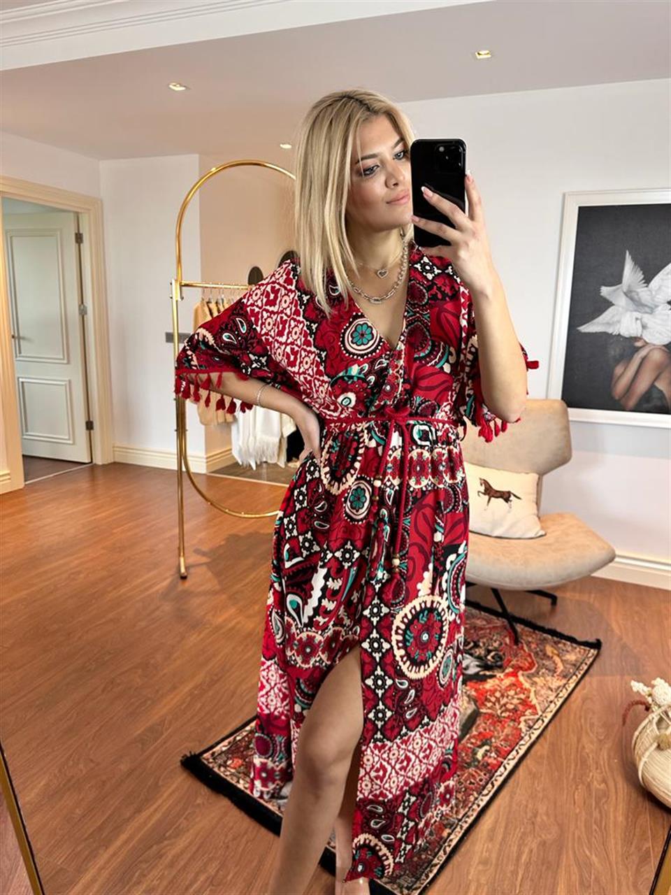 Liara Etnik Desen Püskül Detay Elbise Kırmızı 1005222