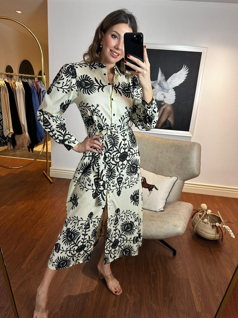 Lienna Kuşaklı Desenli Poplin Elbise Siyah - Beyaz 230273