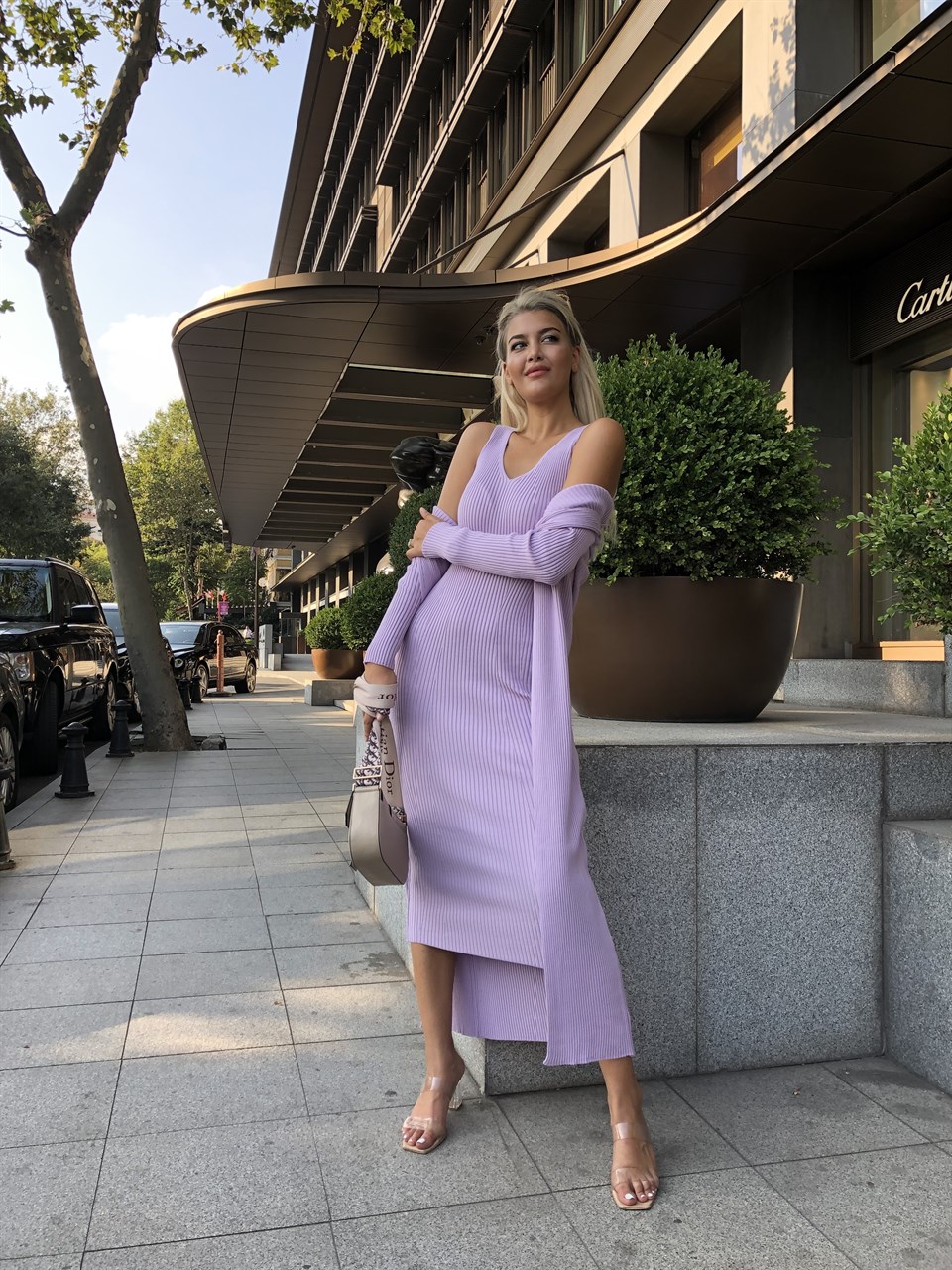 Lila Elbise Hırka Triko Takım