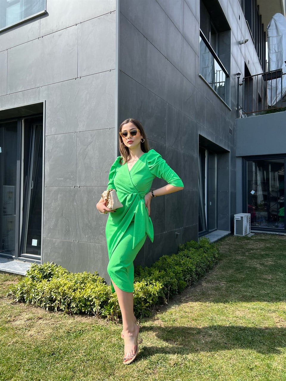 Limon Yeşili Kruvaze Crep Elbise
