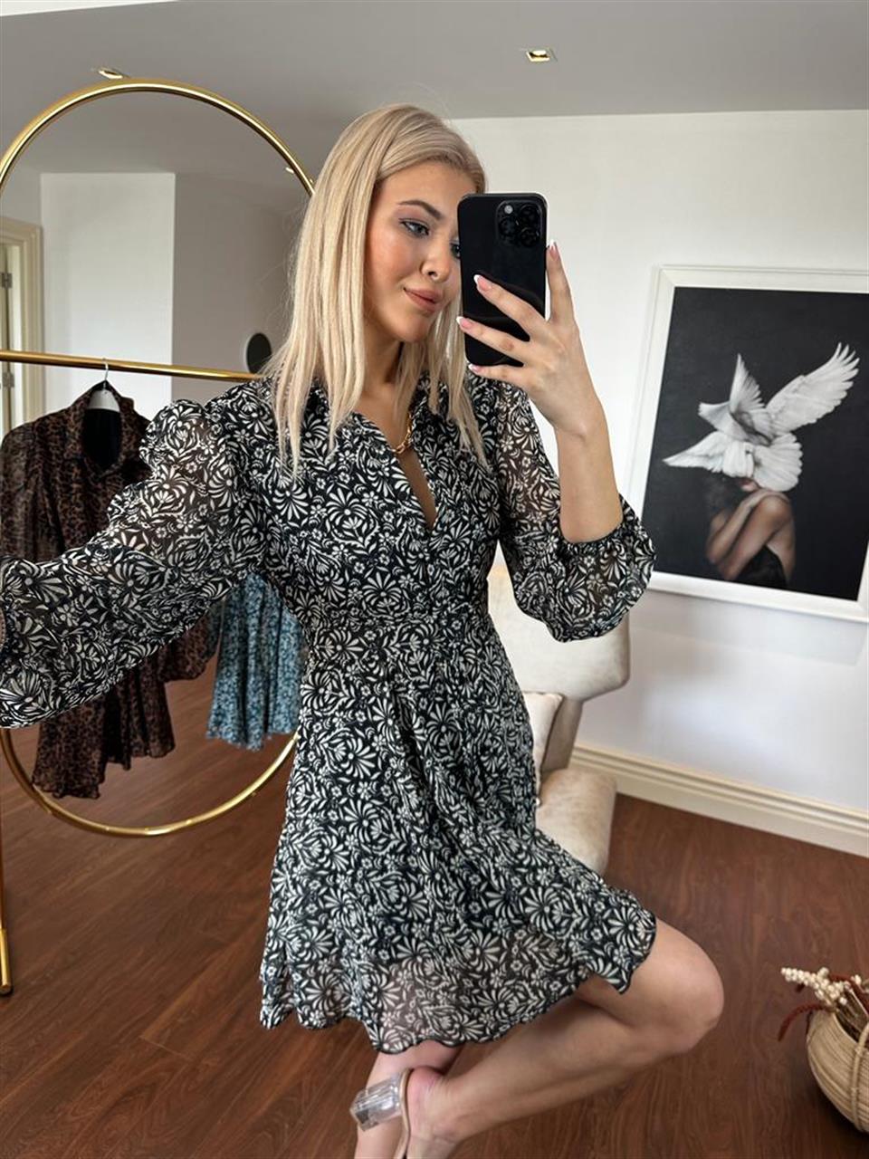 Liva Çiçekli Siyah Şifon Elbise 230247