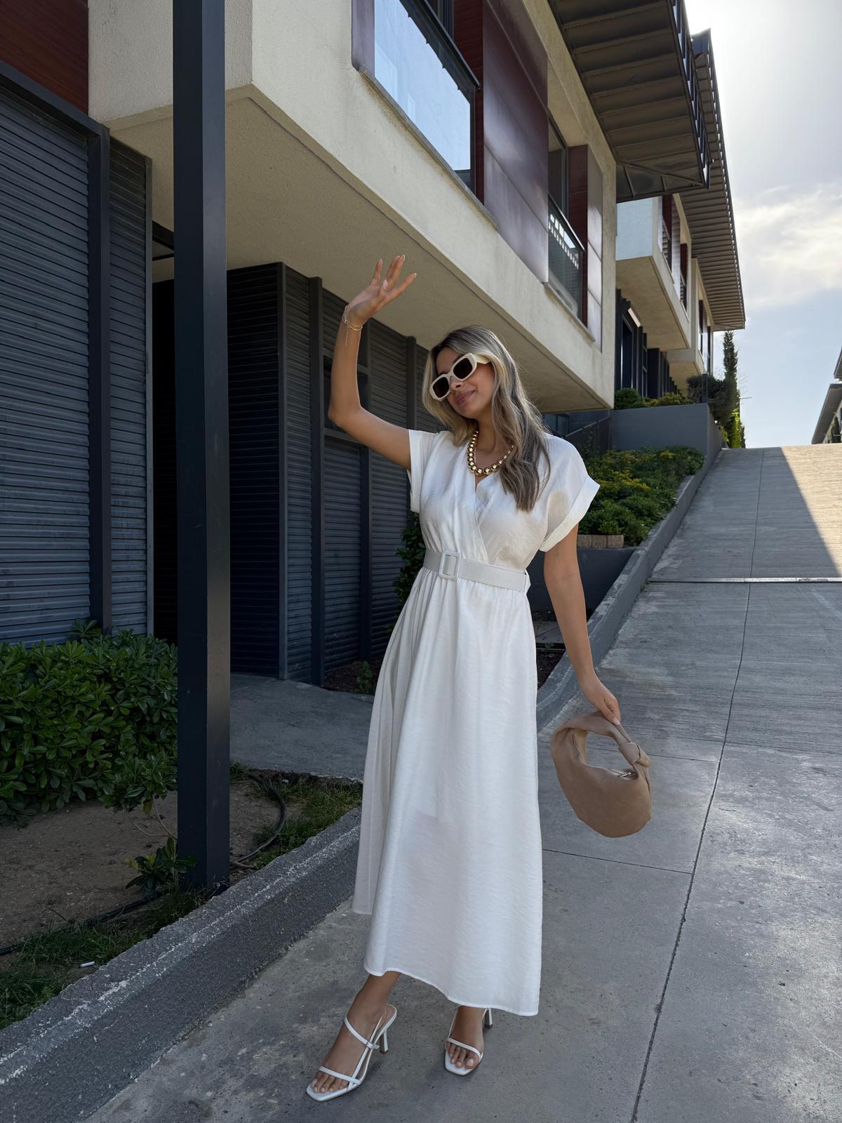 Lola Double Kol Kemerli Astarlı Elbise Beyazyelb2261grs