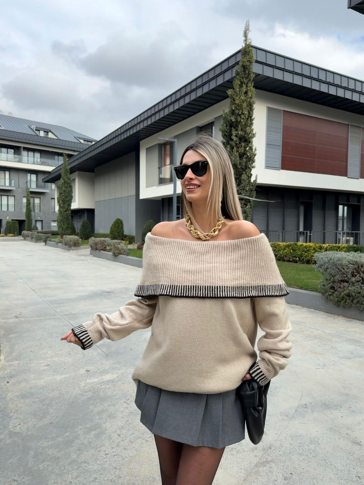 Madonna Yaka Fitilli Oversize Taş Kazak kzk2084msy