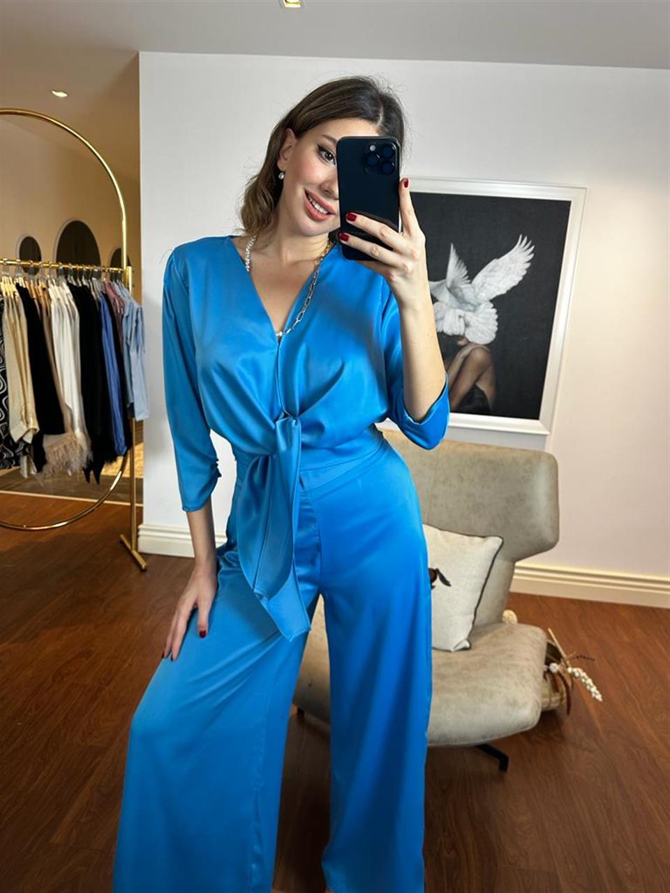 Mavi Saten Pantolon Bluz Takım 50686