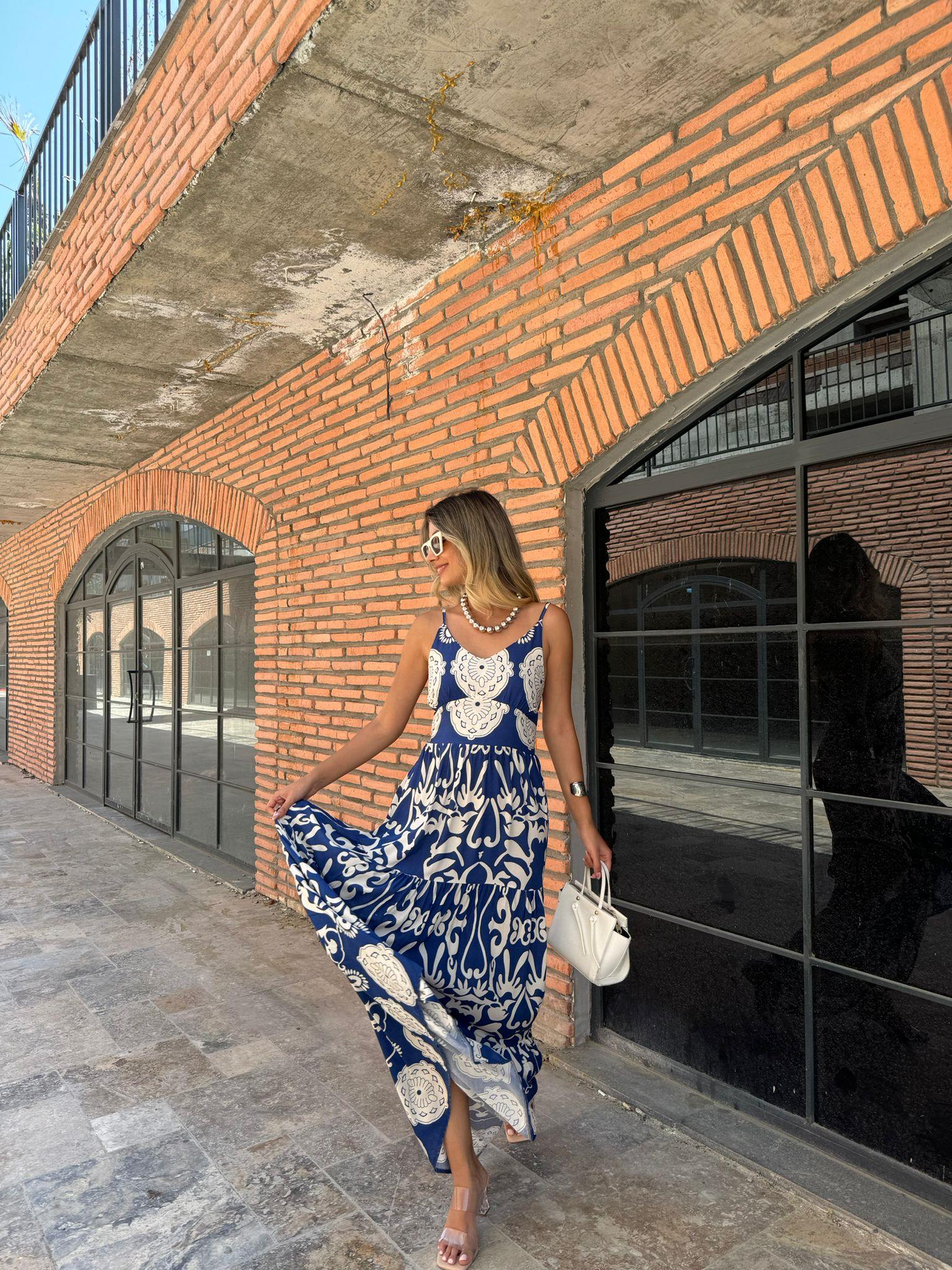 Mela İp Askı Beyaz Şal Desenli Poplin Elbise Mavi 070621110