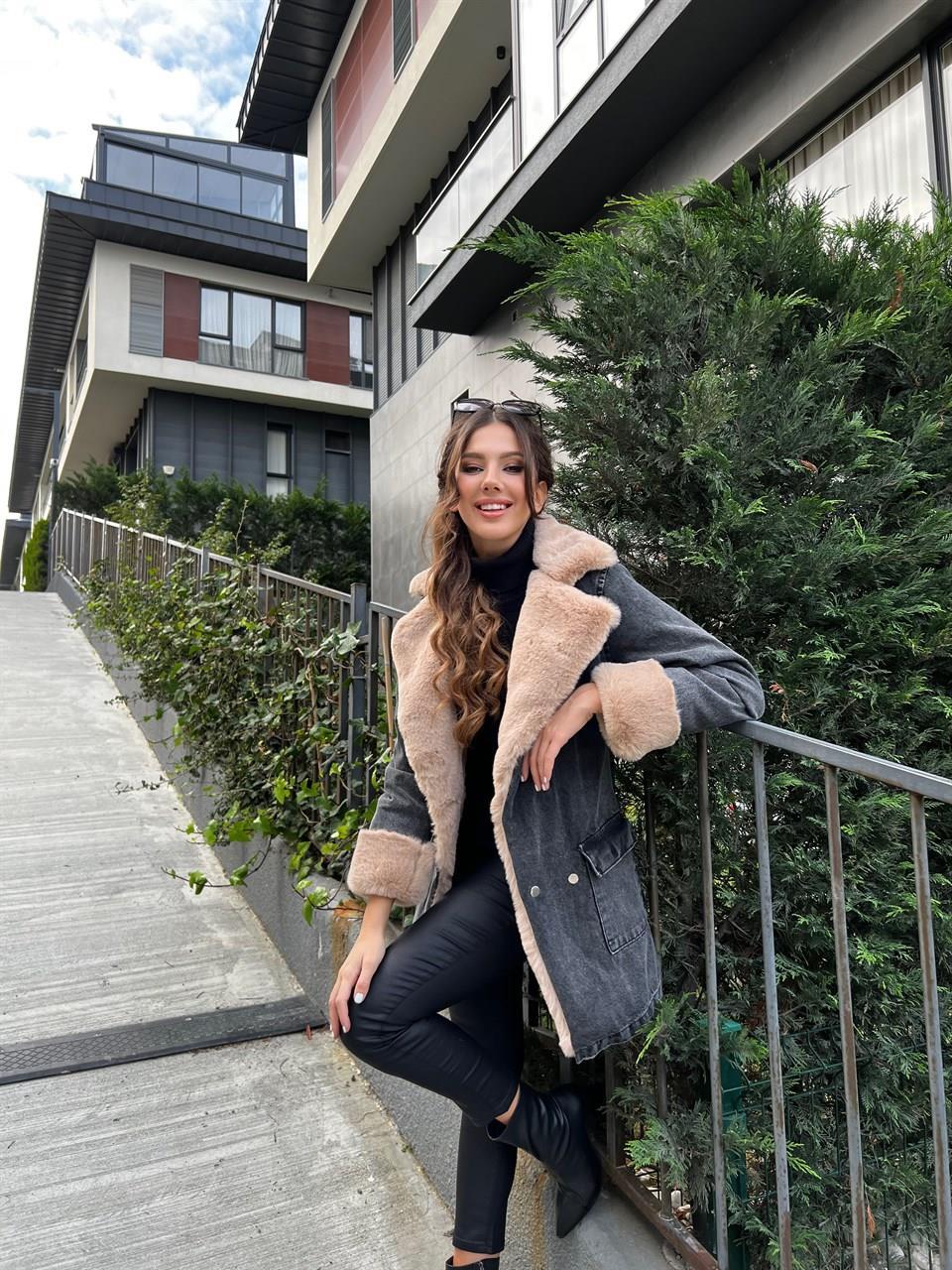 Mila Antrasit Uzun İçi Camel Kürk Detay Tasarım Jean Mont 6777