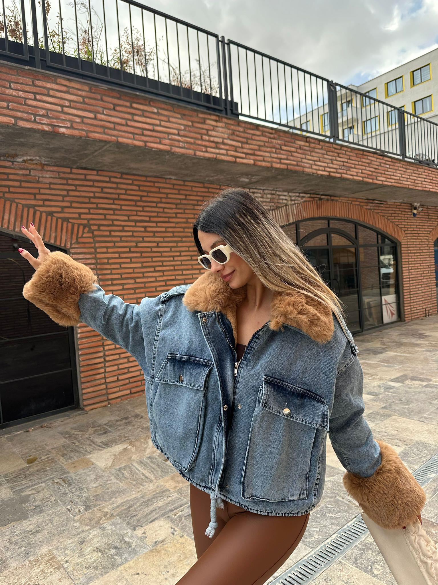 Milena İçi Full Camel Kürklü Mavi Jean Ceket mnt1051sg