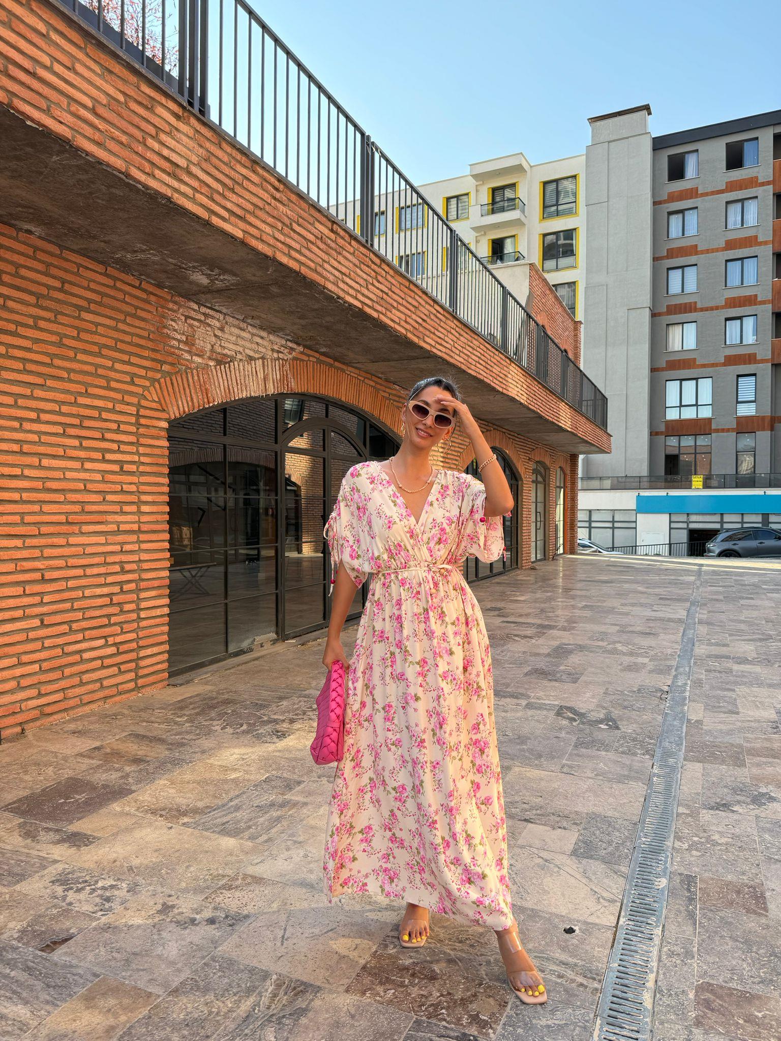 Milsa Pembe Çiçekli Krem Elbise 070621168