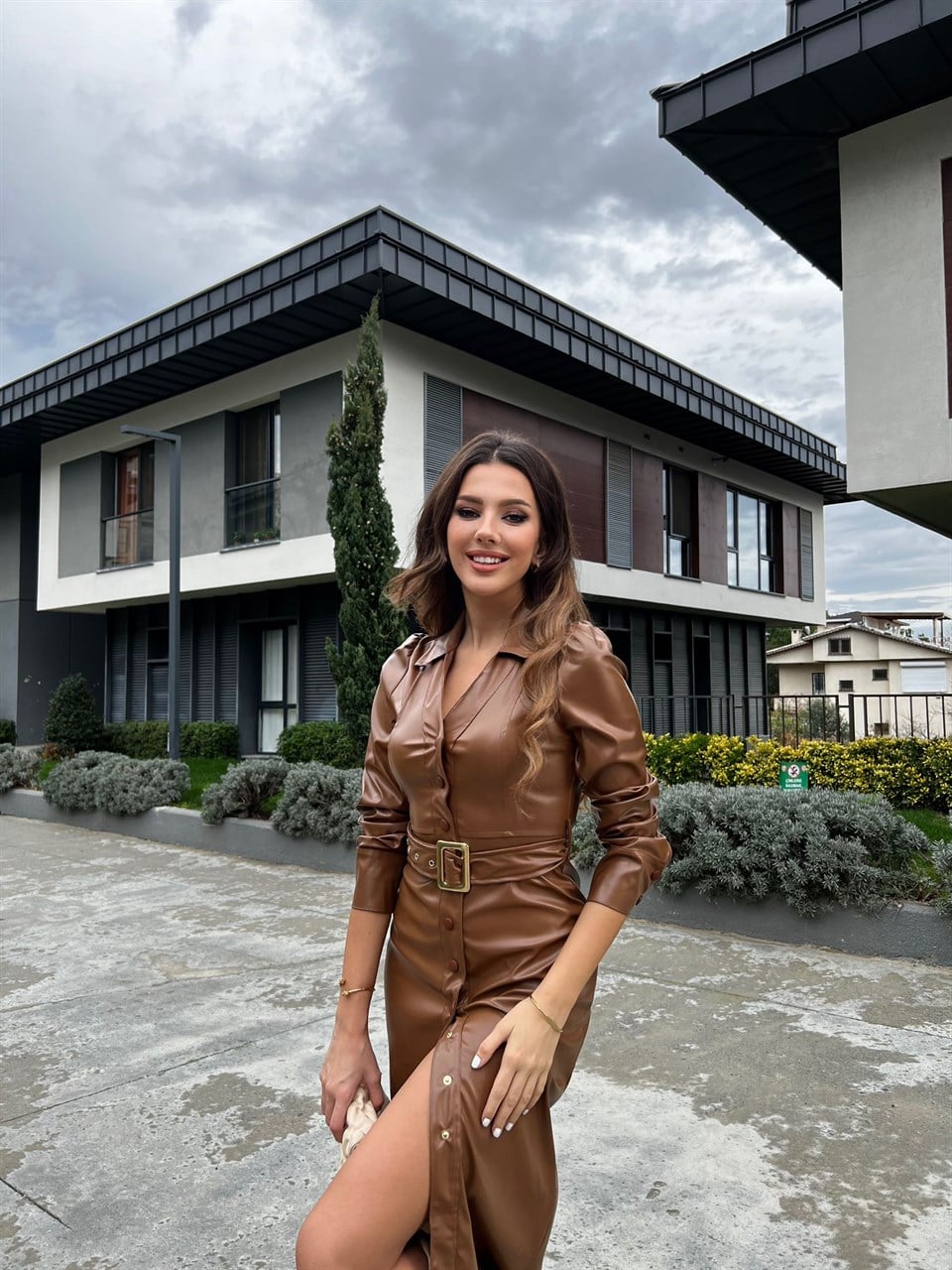 Mirela Kemerli Deri Elbise Taba 7451