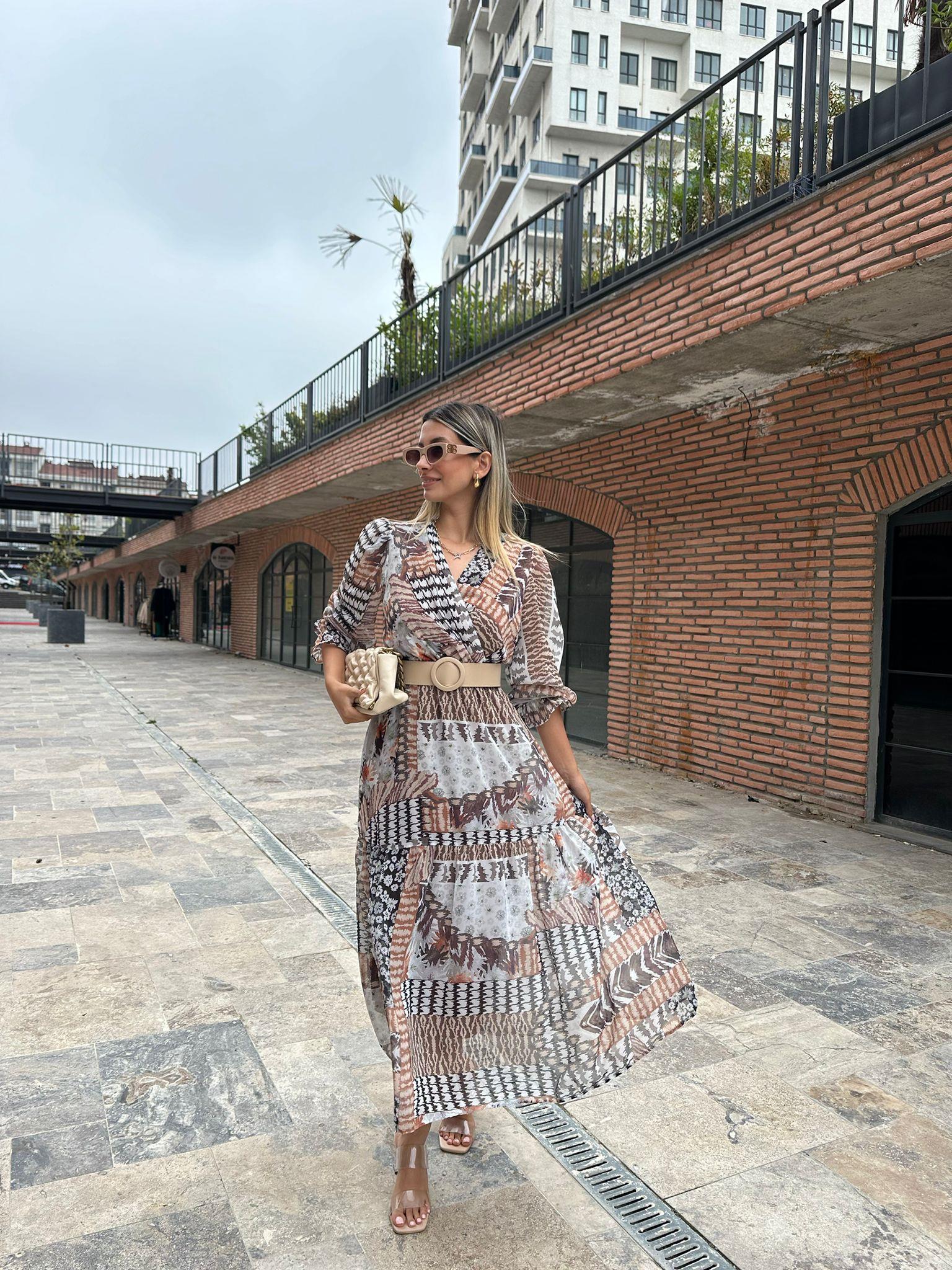 Mitta Kalın Kemer Desenli Şifon Elbise 1707416