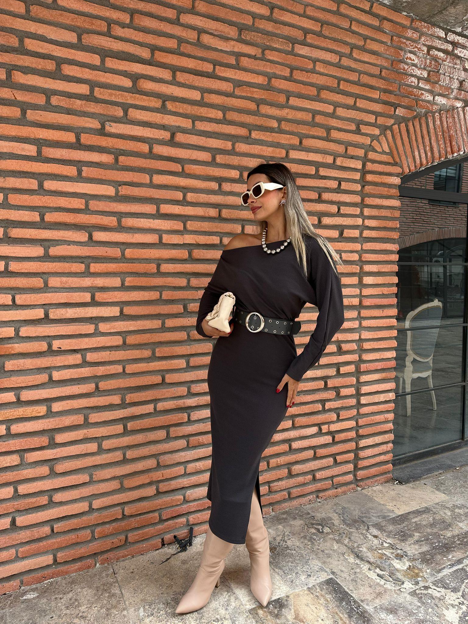 Monica Kemerli Fitilli Antrasit Elbise kelb1039ny