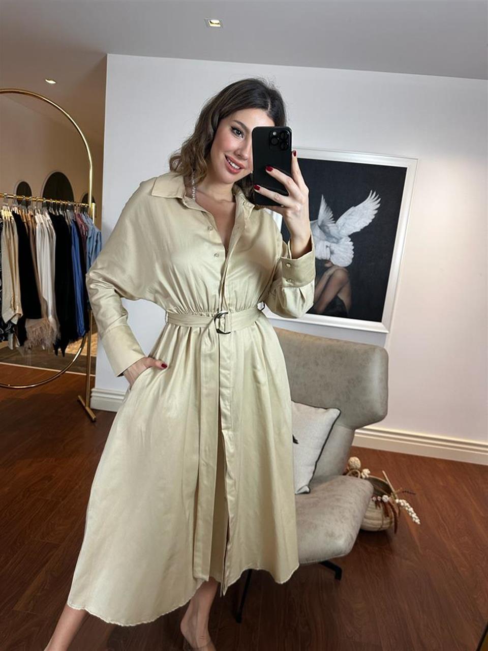 Nasha Kemerli Krem Poplin Elbise 230251