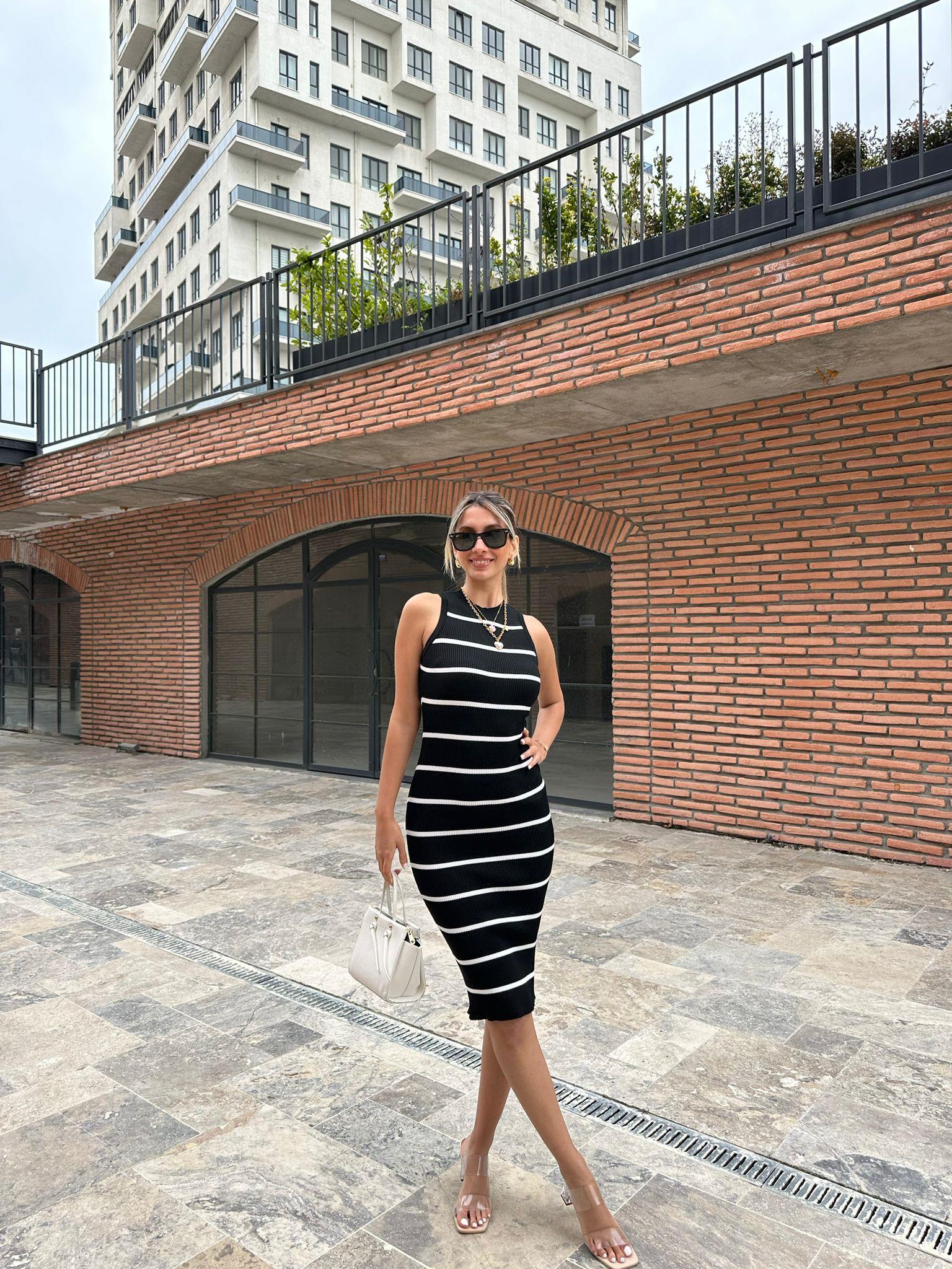 Nisan Triko Çizgili Kalem Elbise 07062105