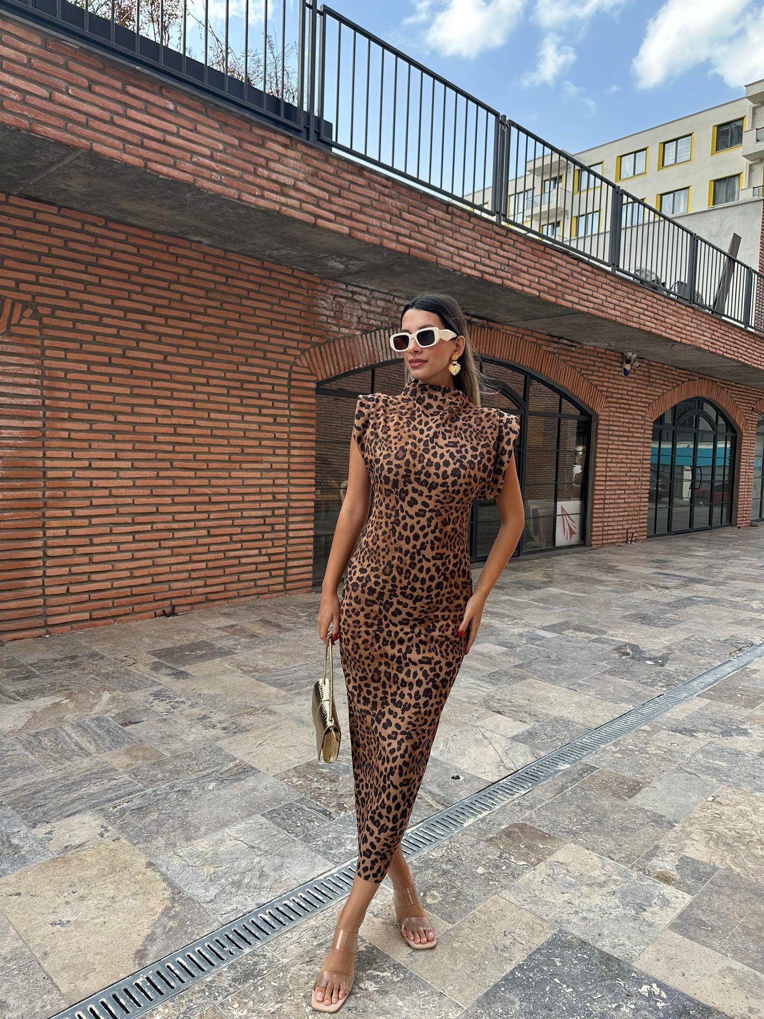 Nubuk Kumaş Leopar Desen Elbise kelb1044ny