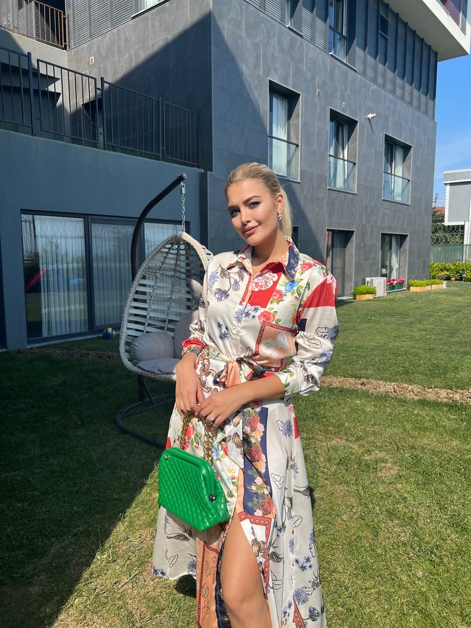 Nude Saten Uzun Elbise