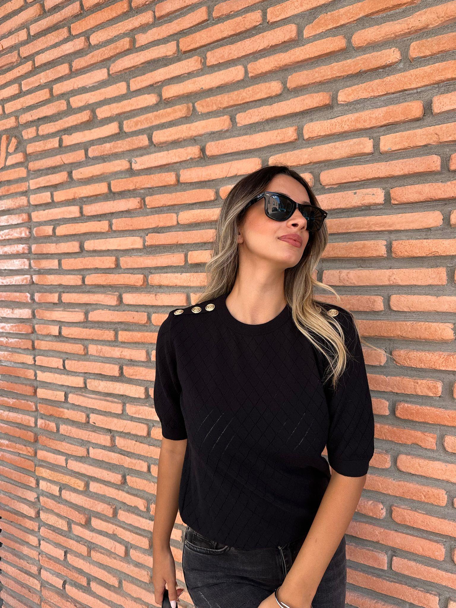 Omuz Düğmeli Merserize Bluz Siyah 0706273
