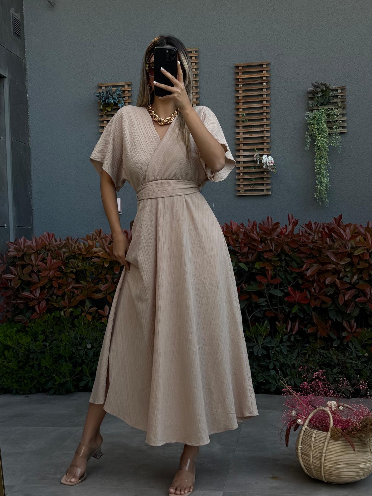 Ön Arka V Keten Elbise Vizonyelb3011ny