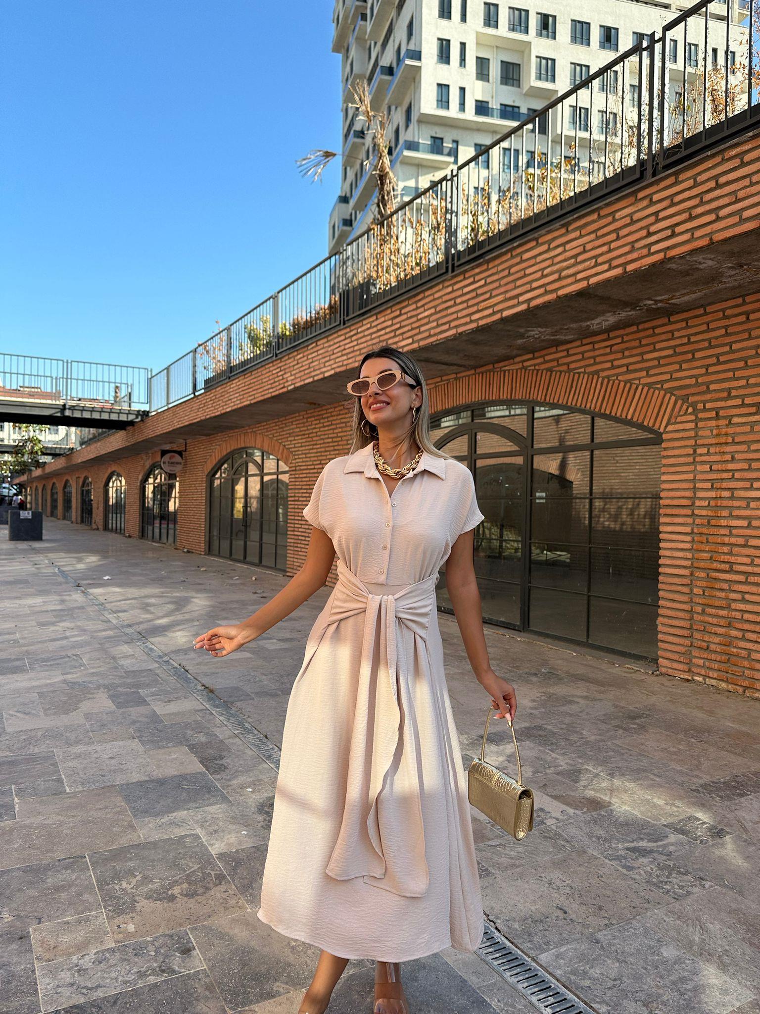 Orjinal Marka Bağlamalı Gömlek Elbise Vizon 070621141