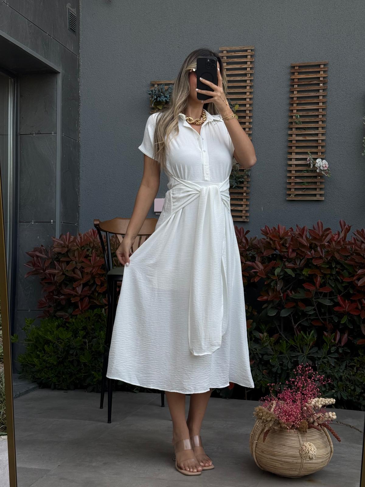 Orjinal Marka Bağlamalı Gömlek Elbise Beyazyelb3019grs