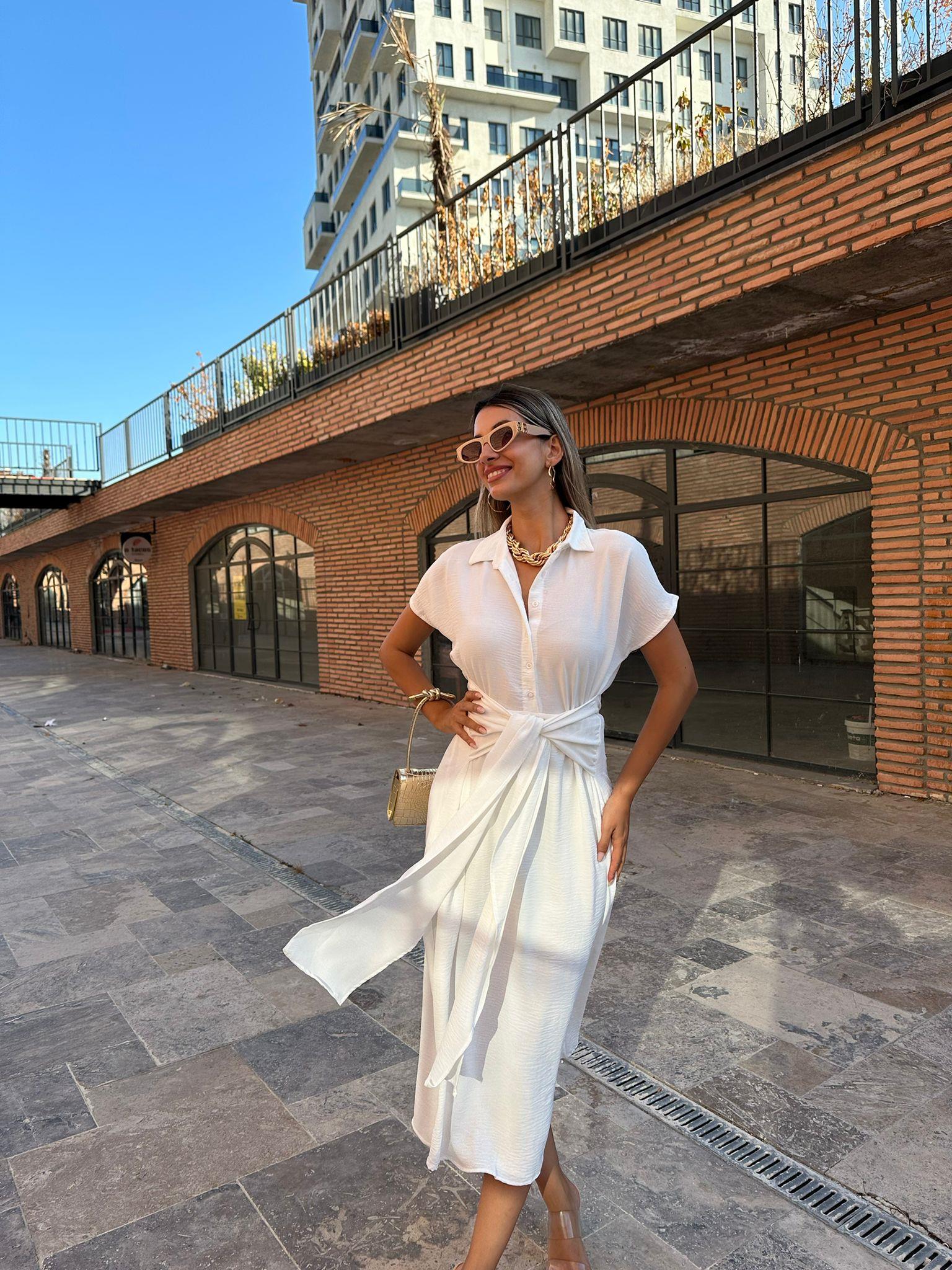 Orjinal Marka Bağlamalı Gömlek Elbise Beyaz 070621141