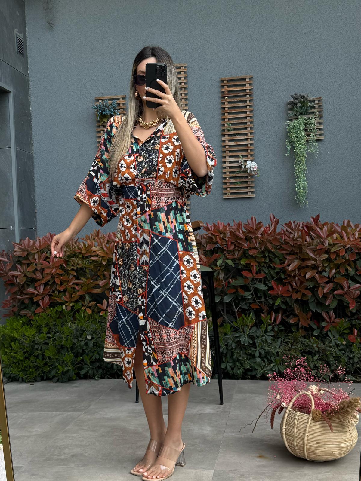 Orjinal Marka Patchwork Desen Elbiseyelb3018inblu