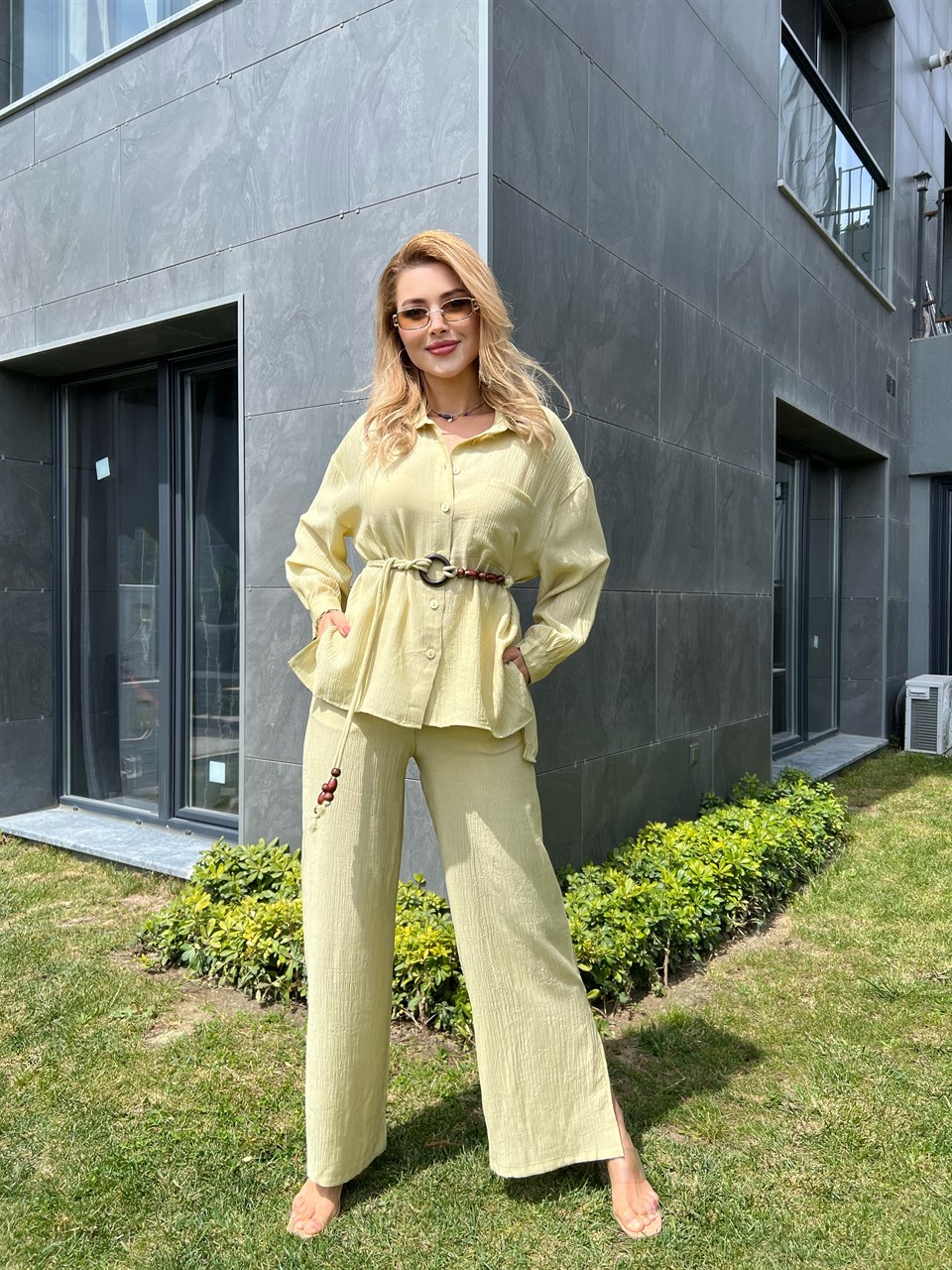 Oversize Kemerli Gömlek Pantolon Takım