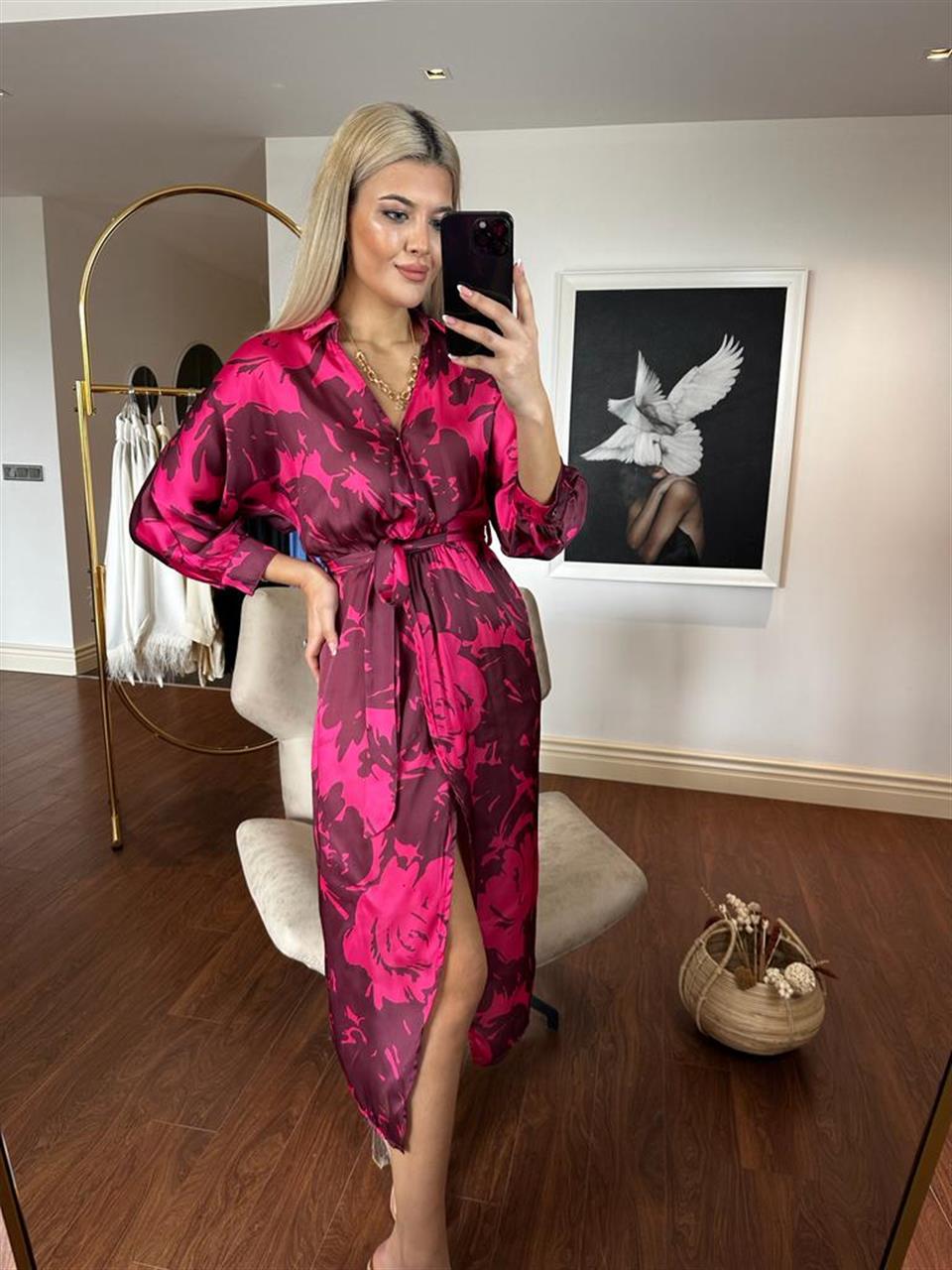 Paris kemerli saten elbise pembe 2404155