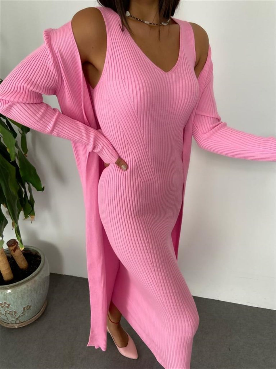 Pembe Elbise Hırka Triko Takım