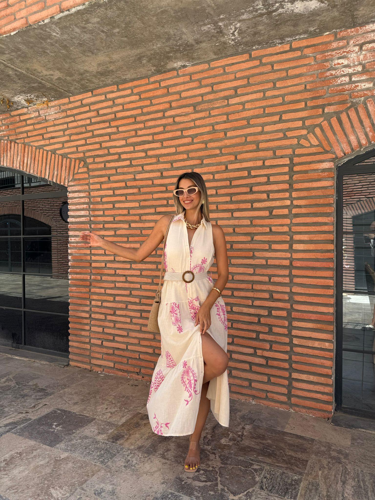 Pembe Şal Nakışlı Kemerli Kolsuz Keten Elbise 070621129