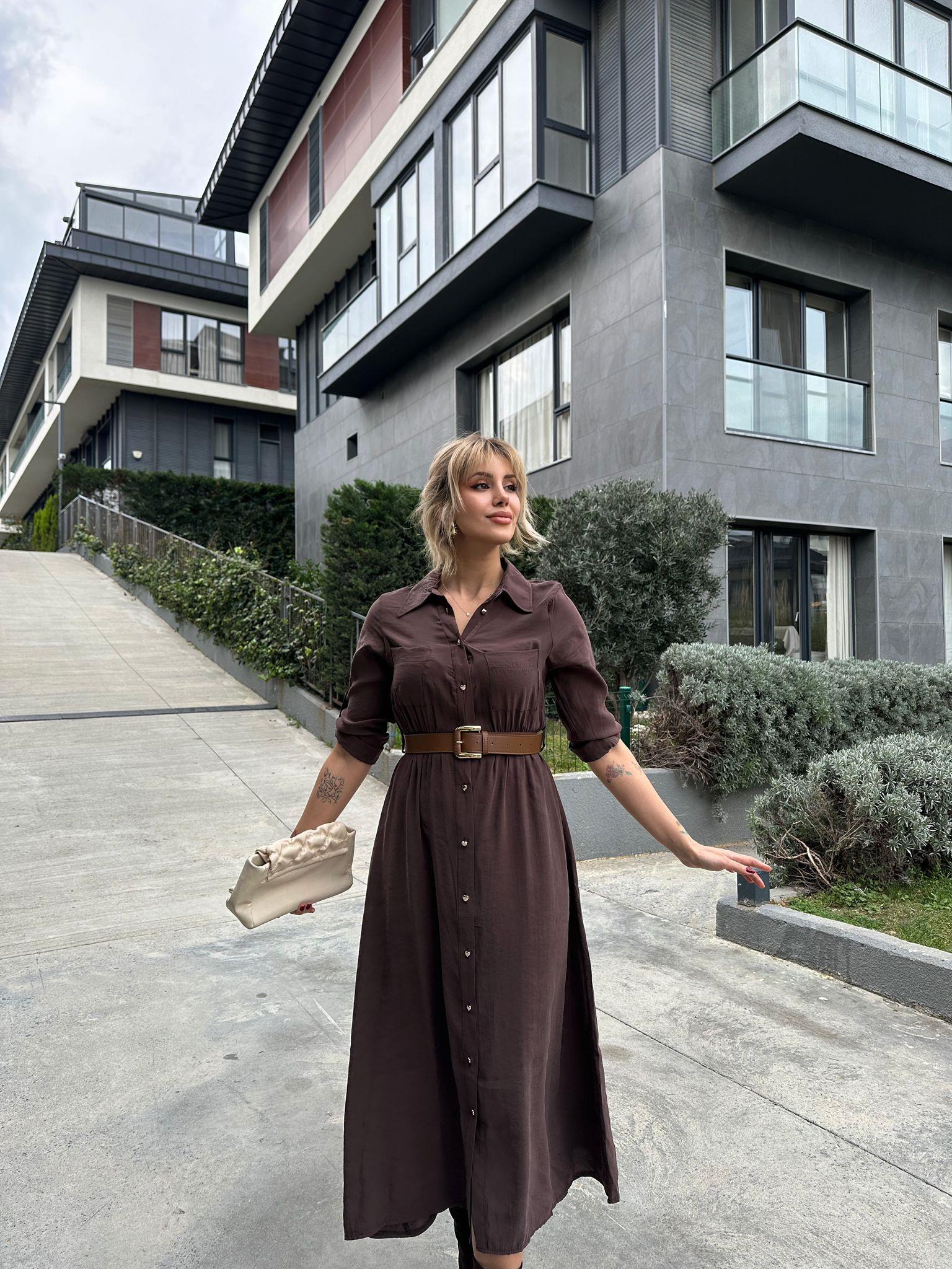 Pierra Modal Kemerli Elbise Kahverengi 17074537