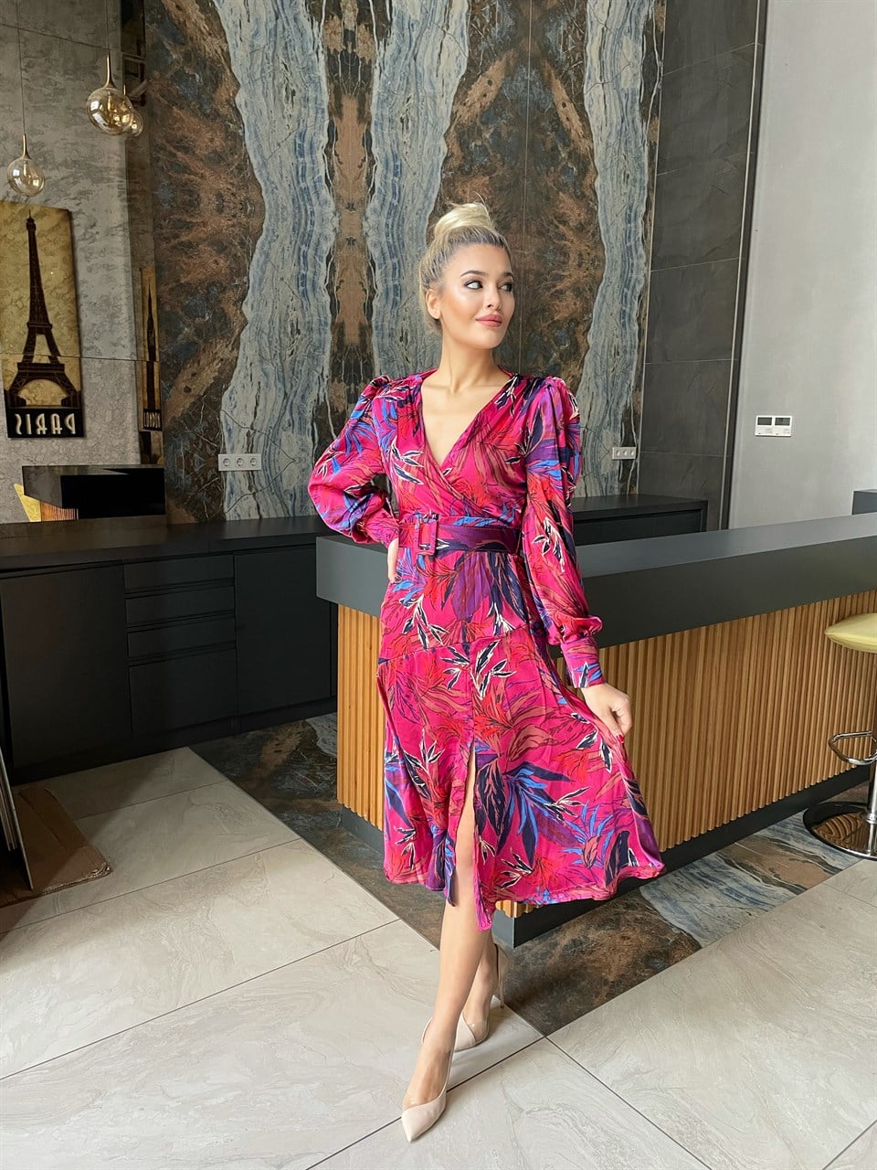 Pinky Desenli Kemerli Saten Elbise