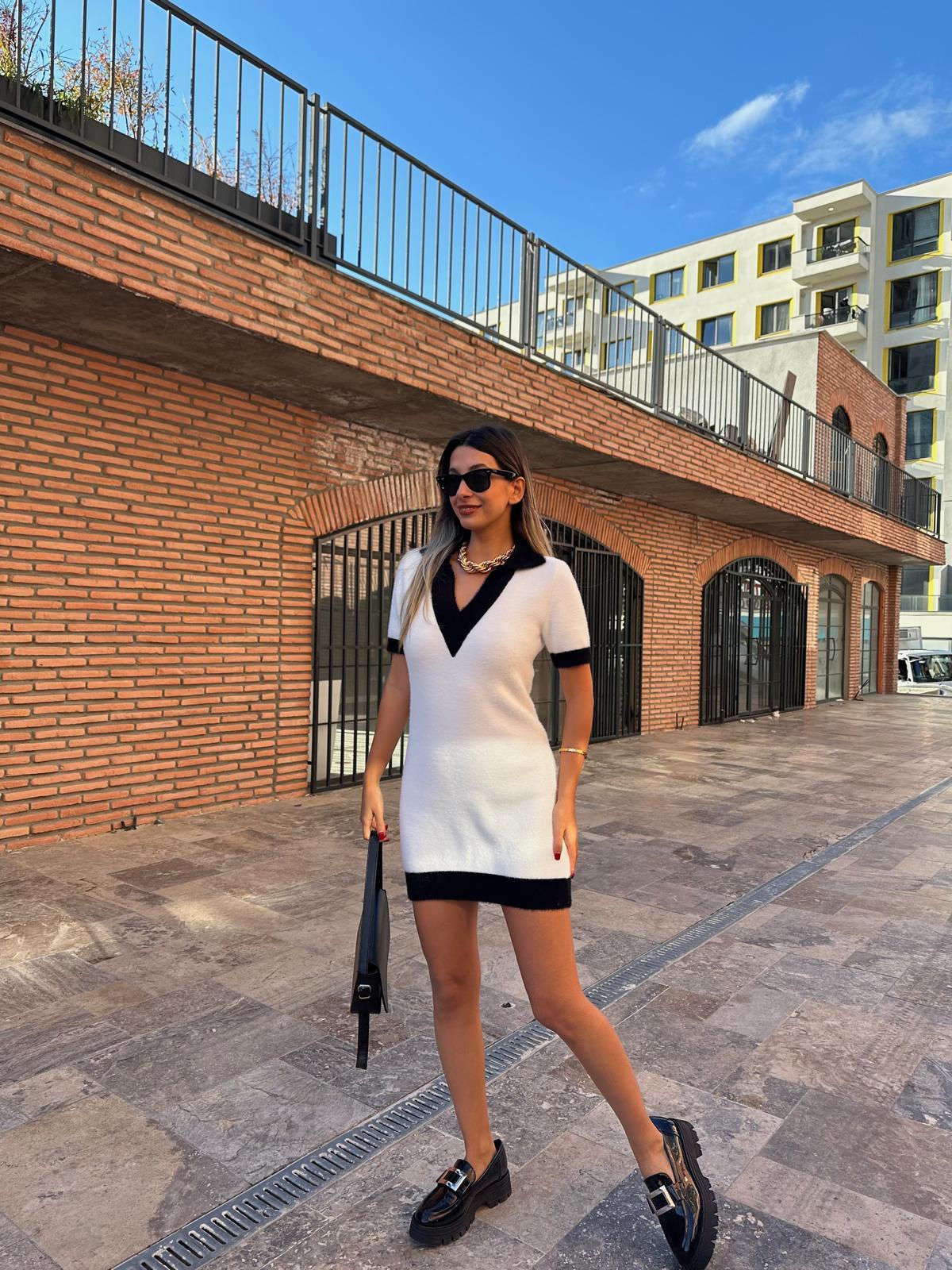 Prella Soft Kumaş Çift Renk Beyaz Elbise kelb2002mz