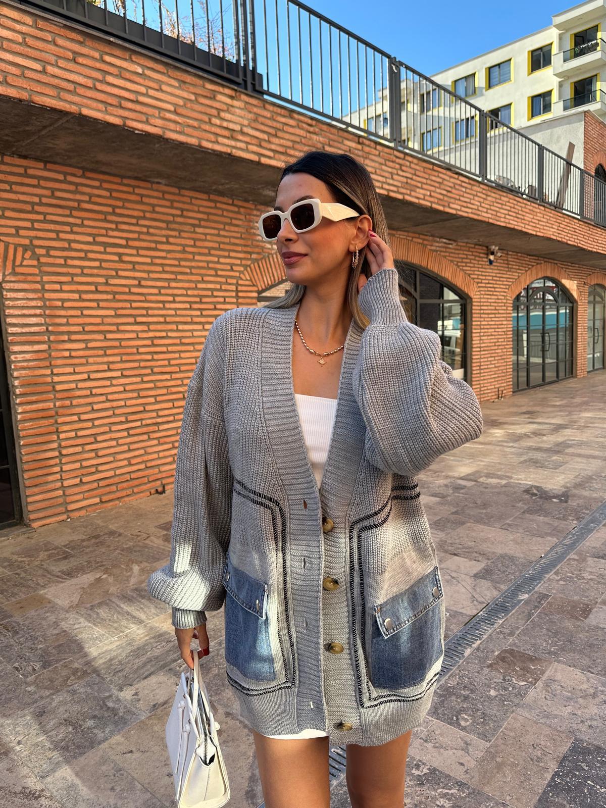 Premium jean cepli hırka gri hrk1050rvd