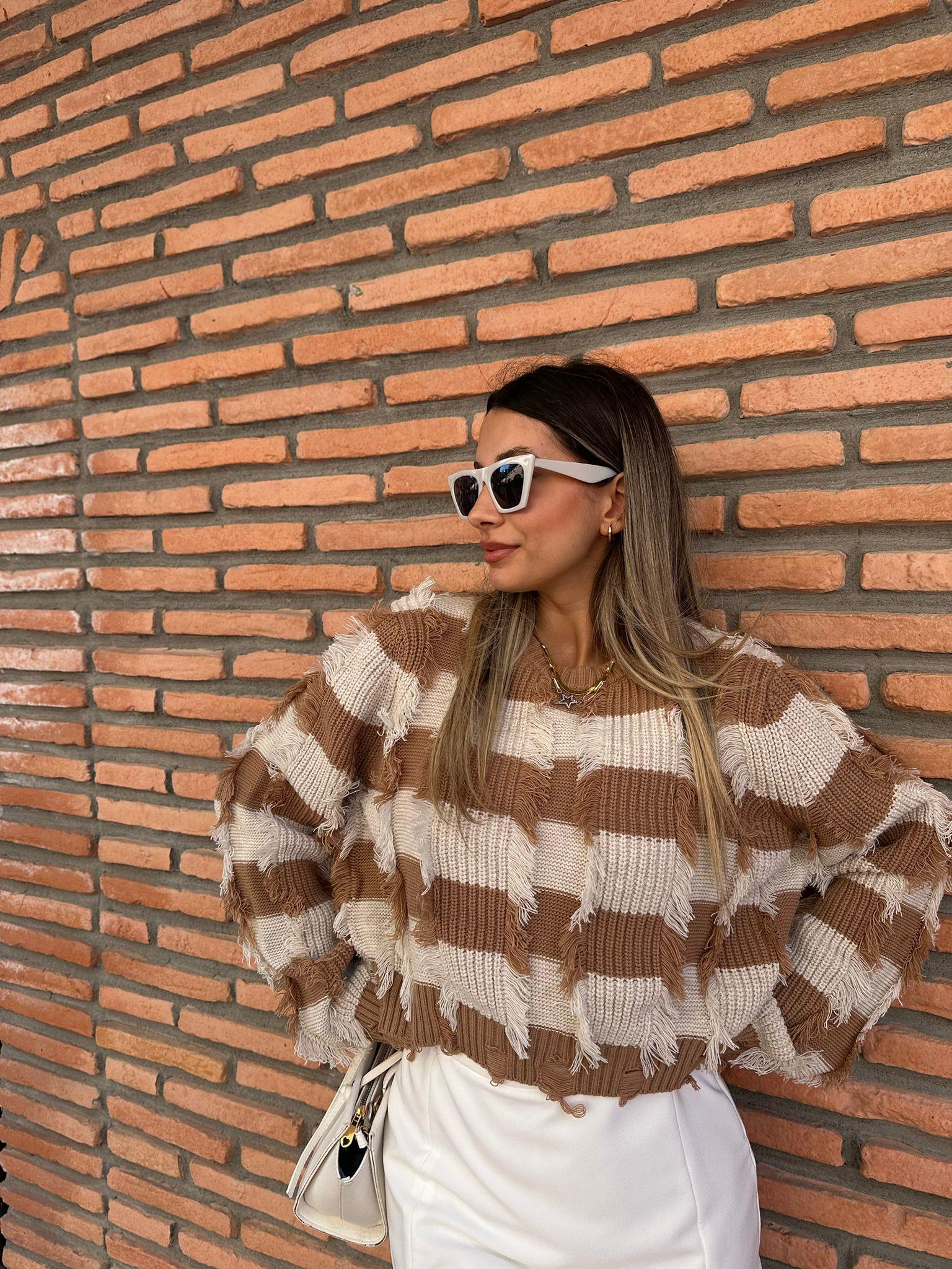Püskül Model Camel Beyaz Çizgili Kazak kzk1028rvd
