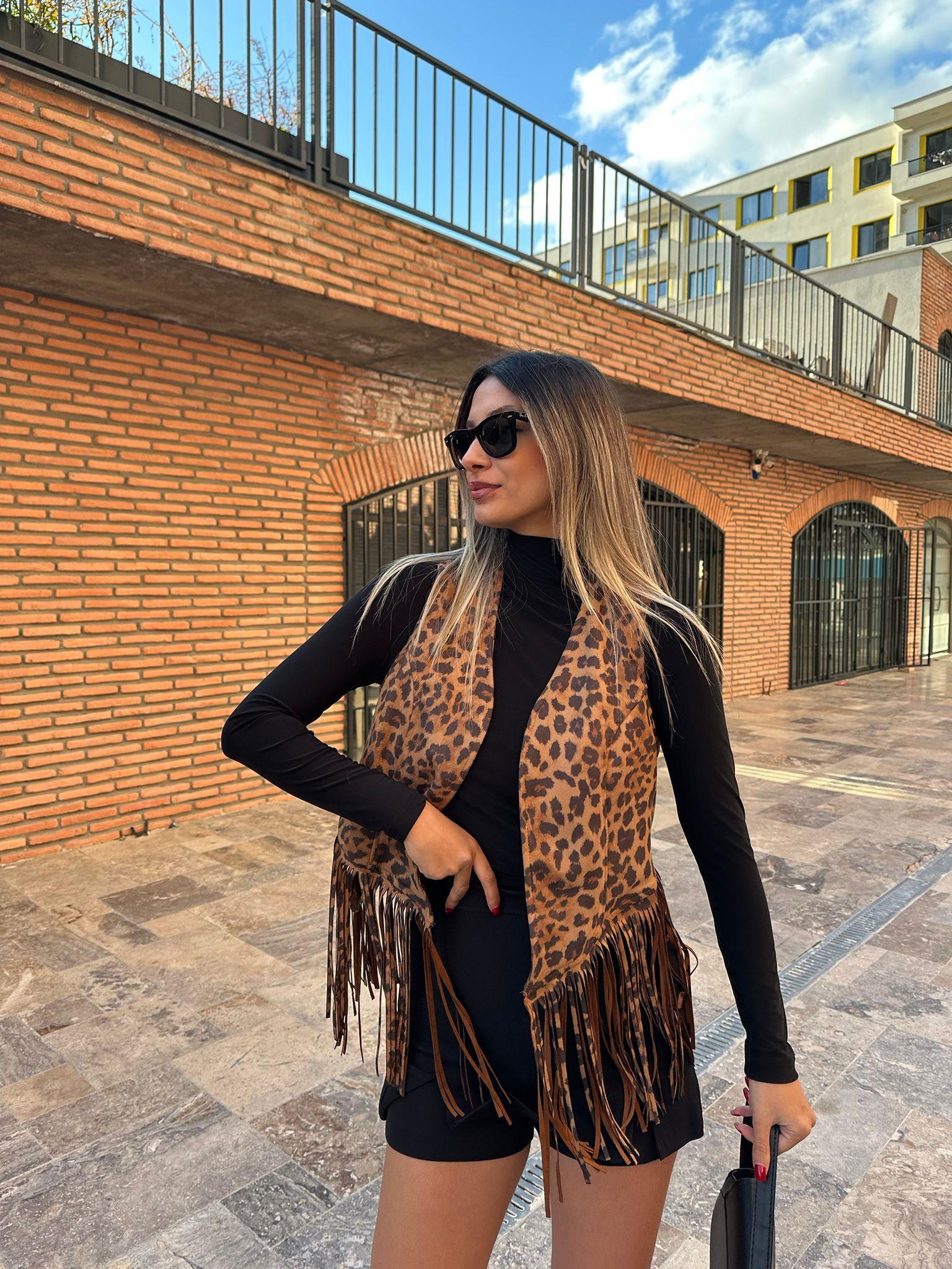 Püsküllü Leopar Desen Yelek ylk1075ny