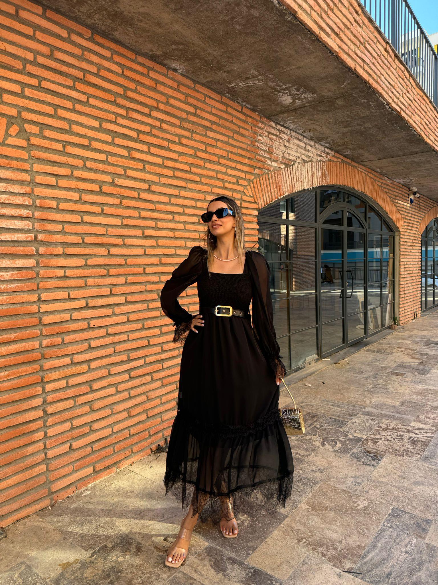 Rapunzel Dantel Detay Kemerli Şifon Elbise Siyah 1707343