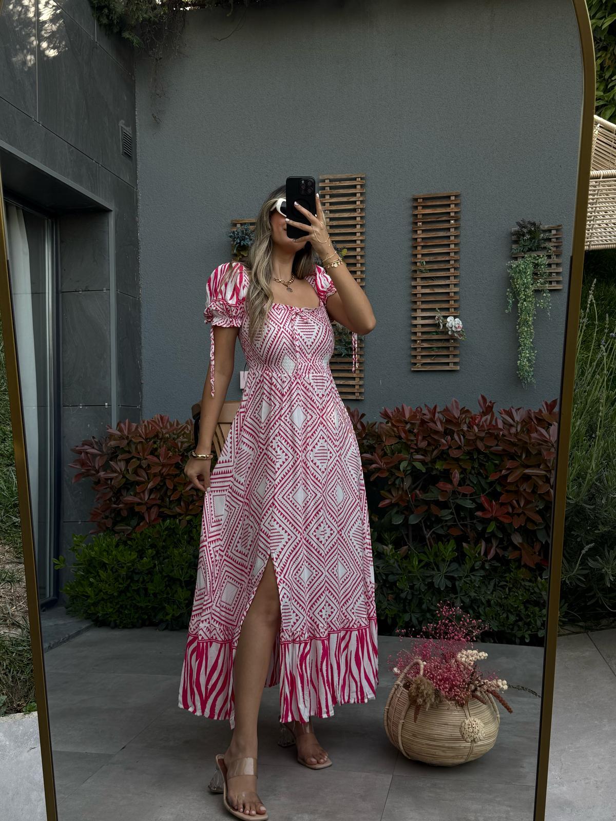 Rofla Fuşya Viskon Desenli Elbise070621140