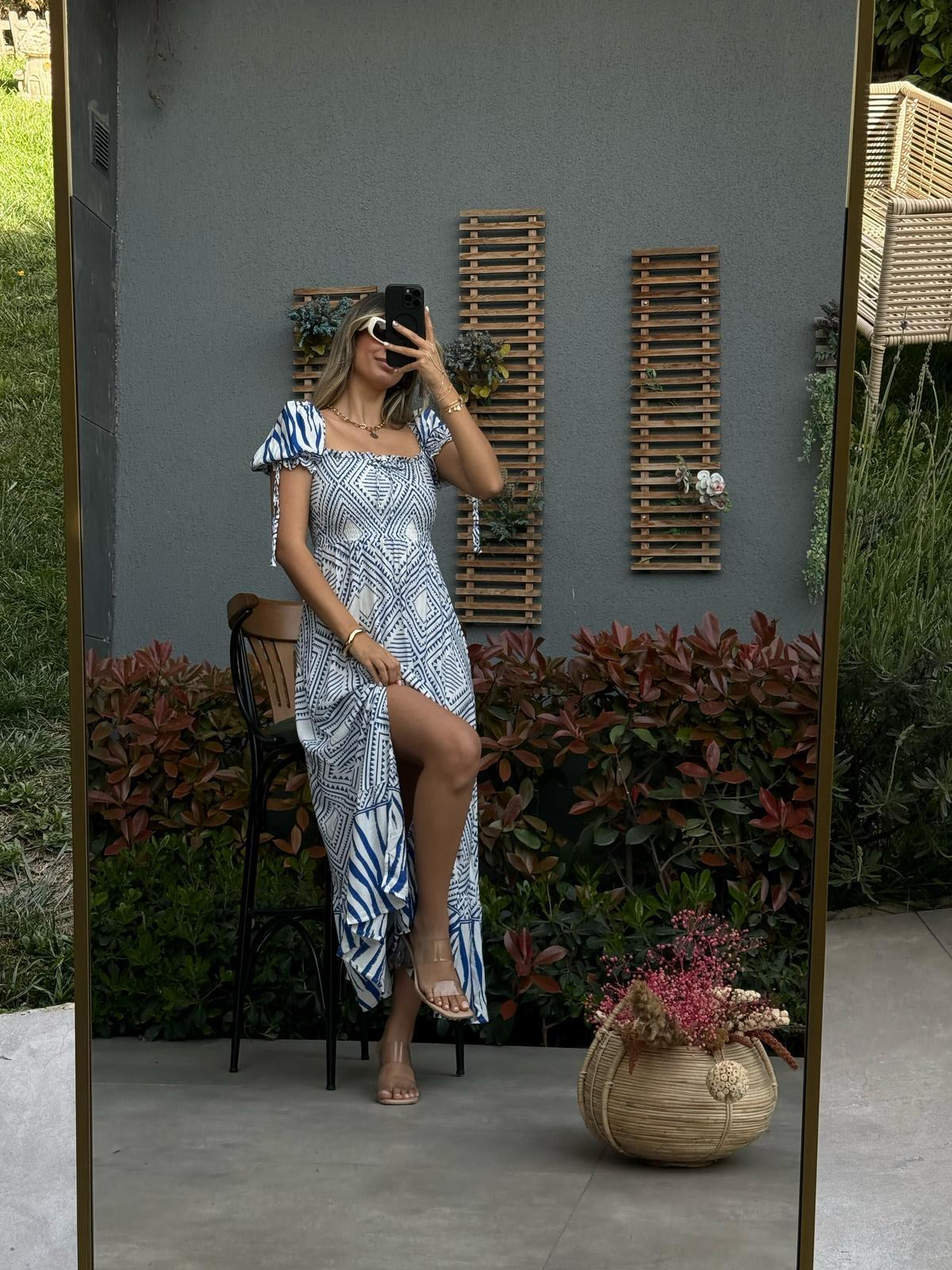 Rofla Mavi Viskon Desenli Elbise070621140