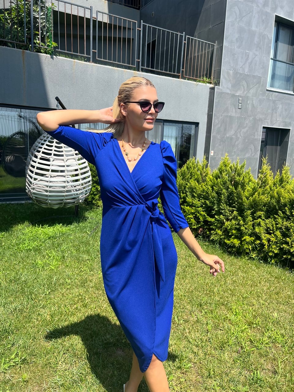 Saks Mavisi Kruvaze Crep Elbise