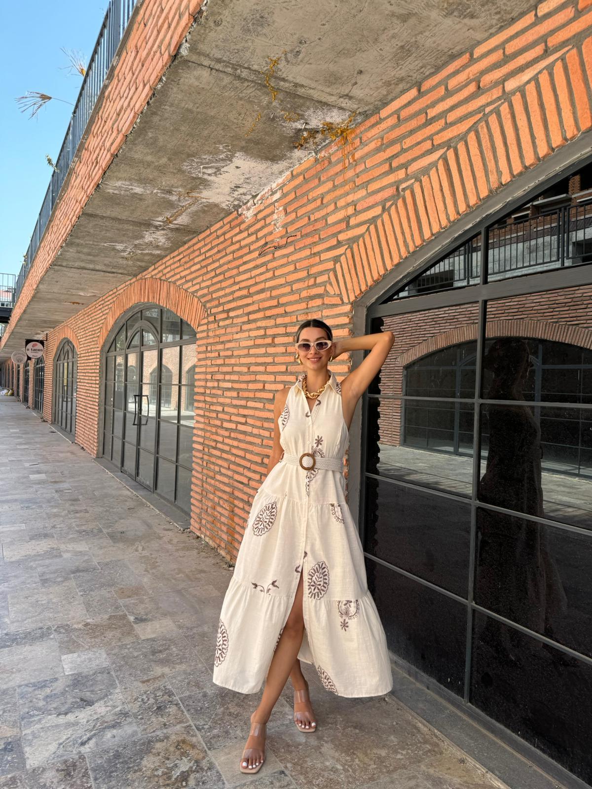 Şal Nakışlı Kemerli Kolsuz Keten Elbise 070621129