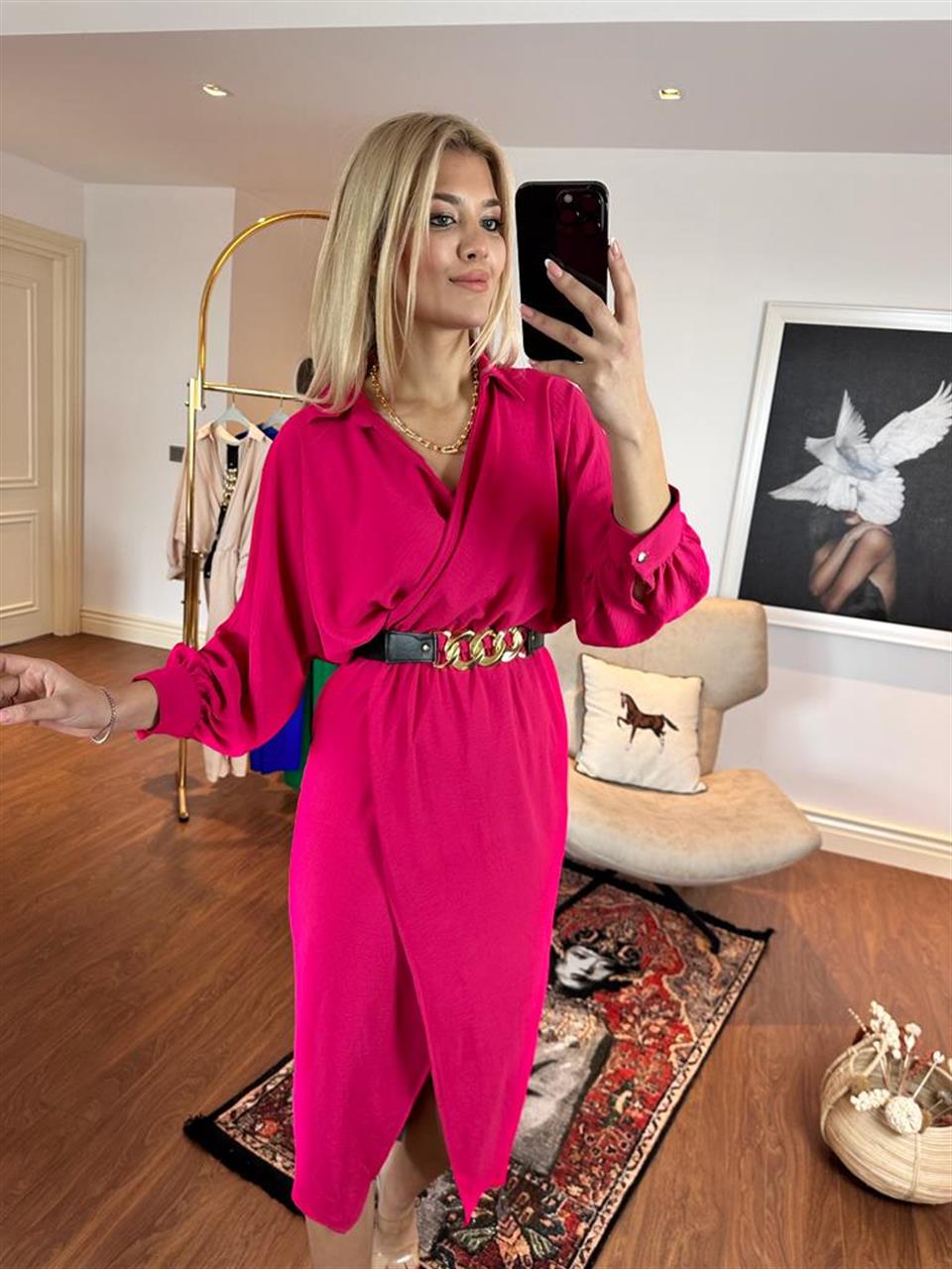 Sania Gold Zincir Kemerli Fuşya Elbise 0504110