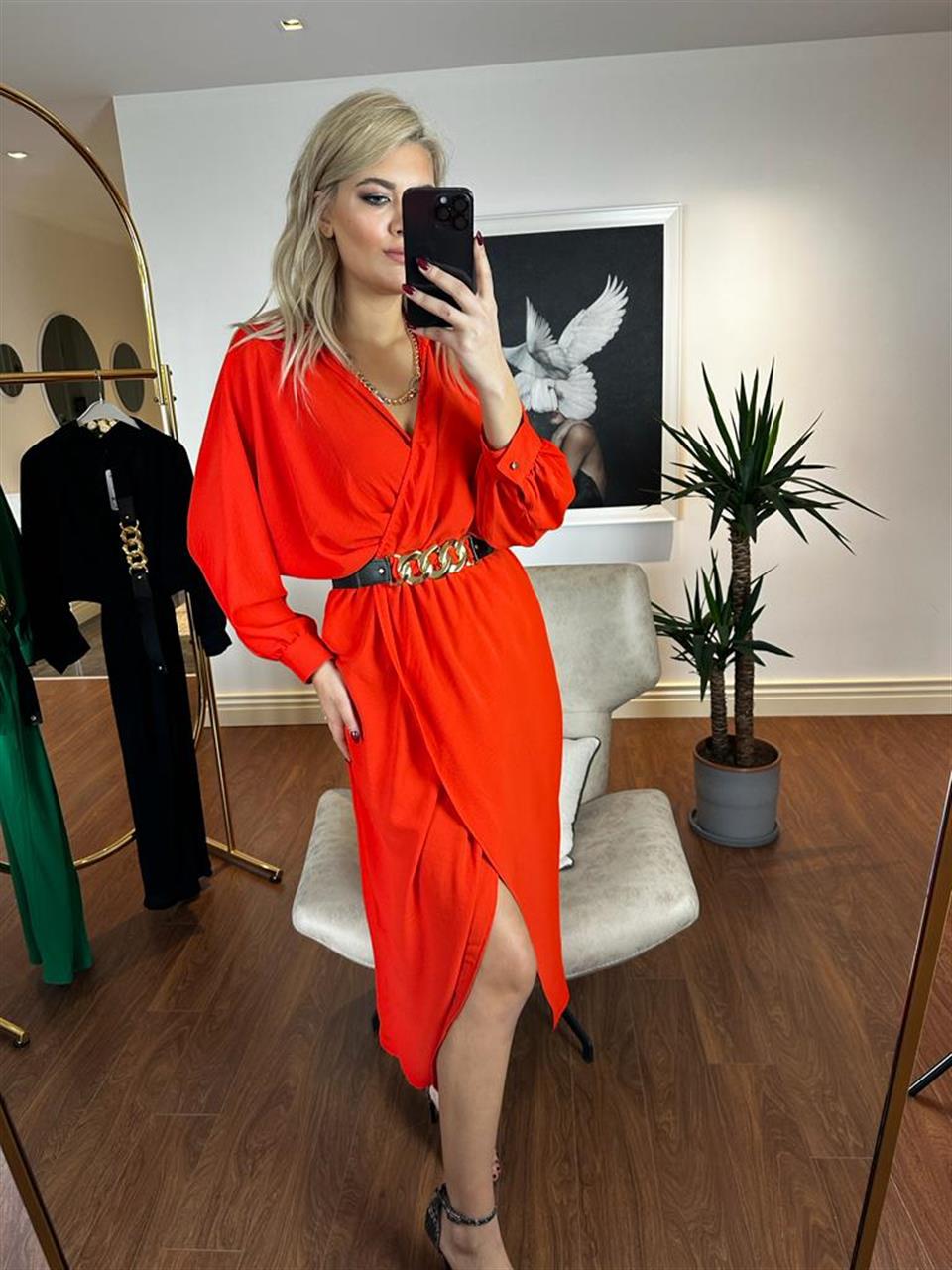 Sania Zincir Kemerli Frezya Keten Elbise 0504110