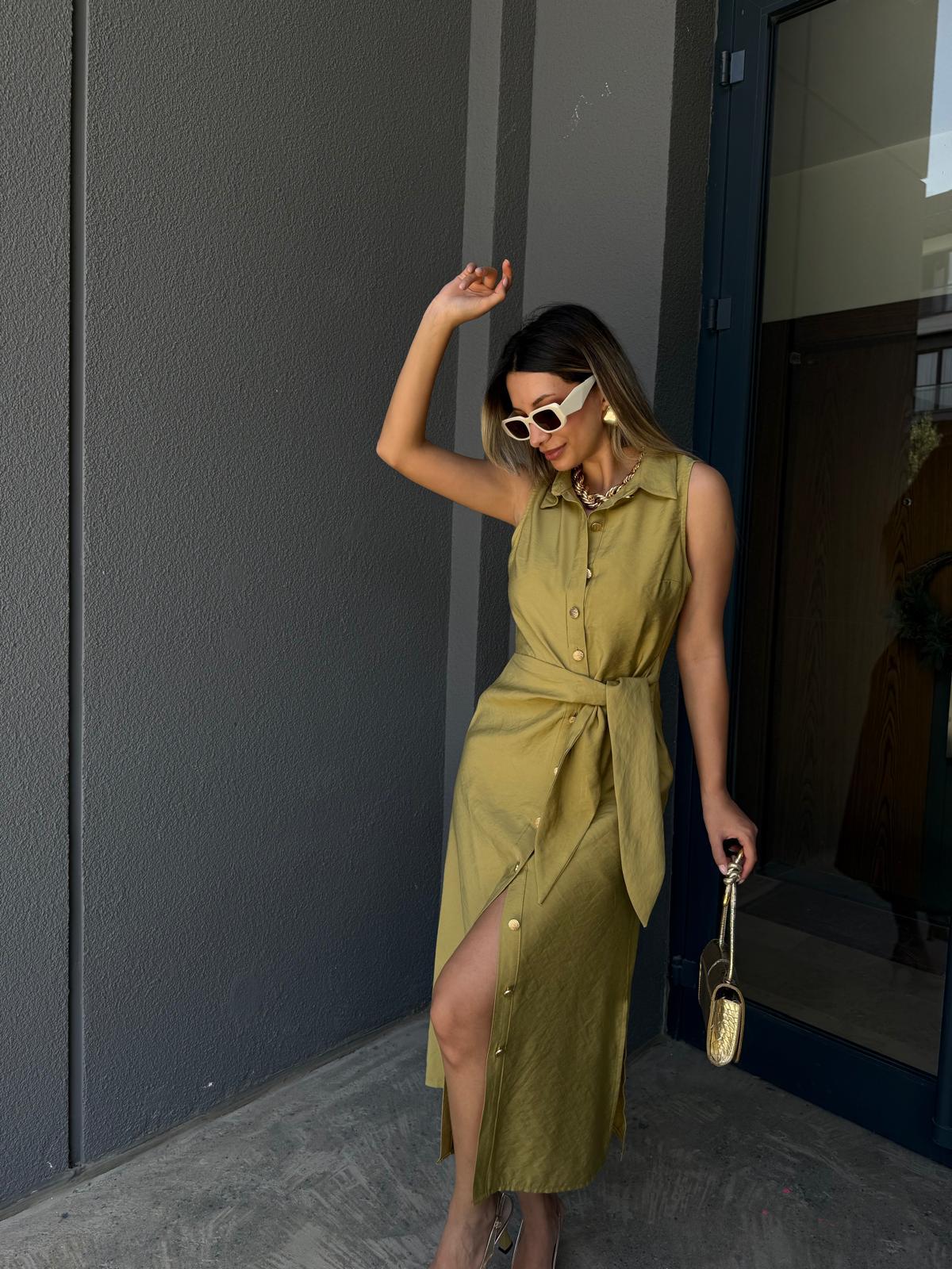 Selsida Bel Bağlamalı Kolsuz Elbise Yağ Yeşiliyelb1110kd