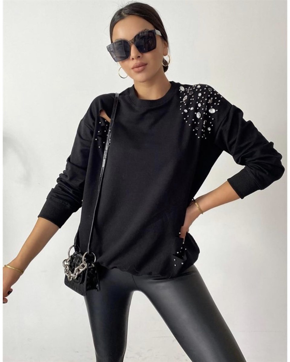 Taş İşleme Siyah Sweat