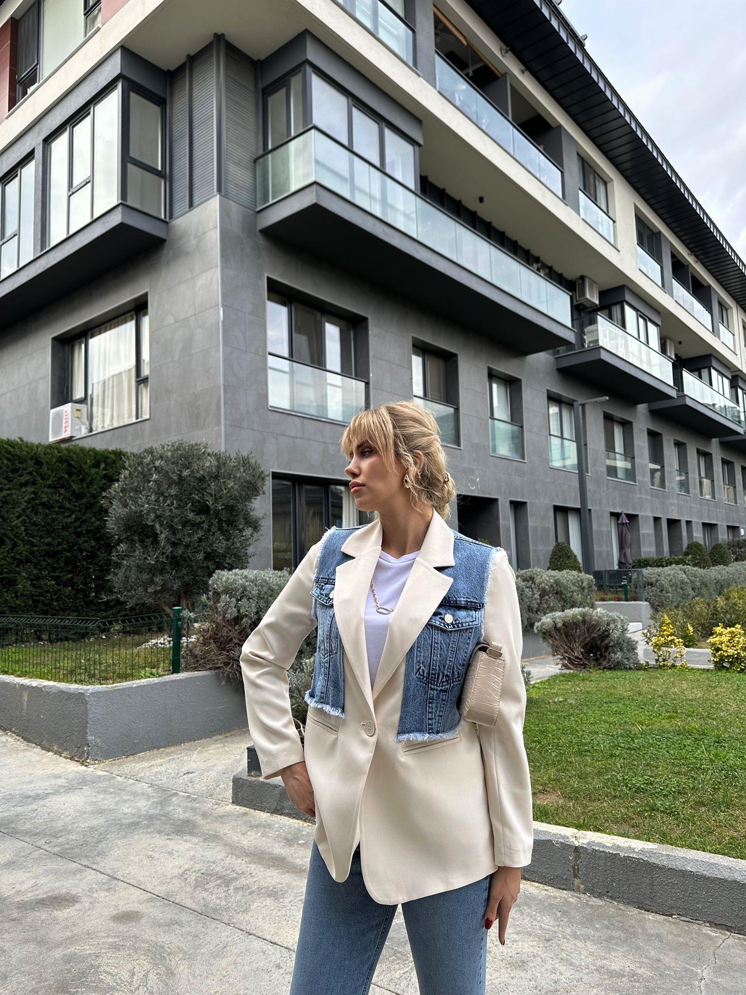 Taş Kruvaze Yaka Parça Jean Dikişli Blazer Ceket 17074535