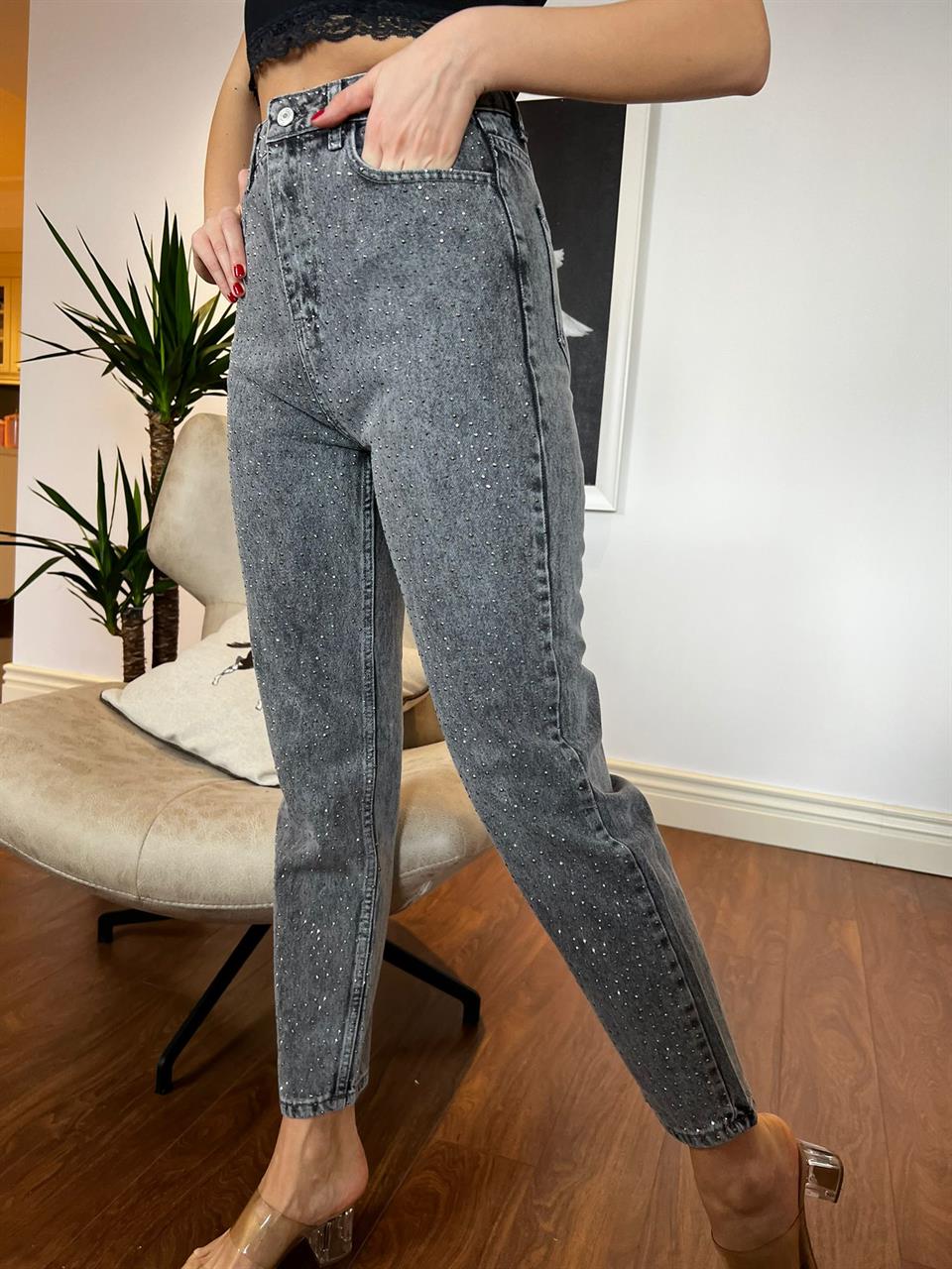 Taşlı Antrasit Mom Jean 230224